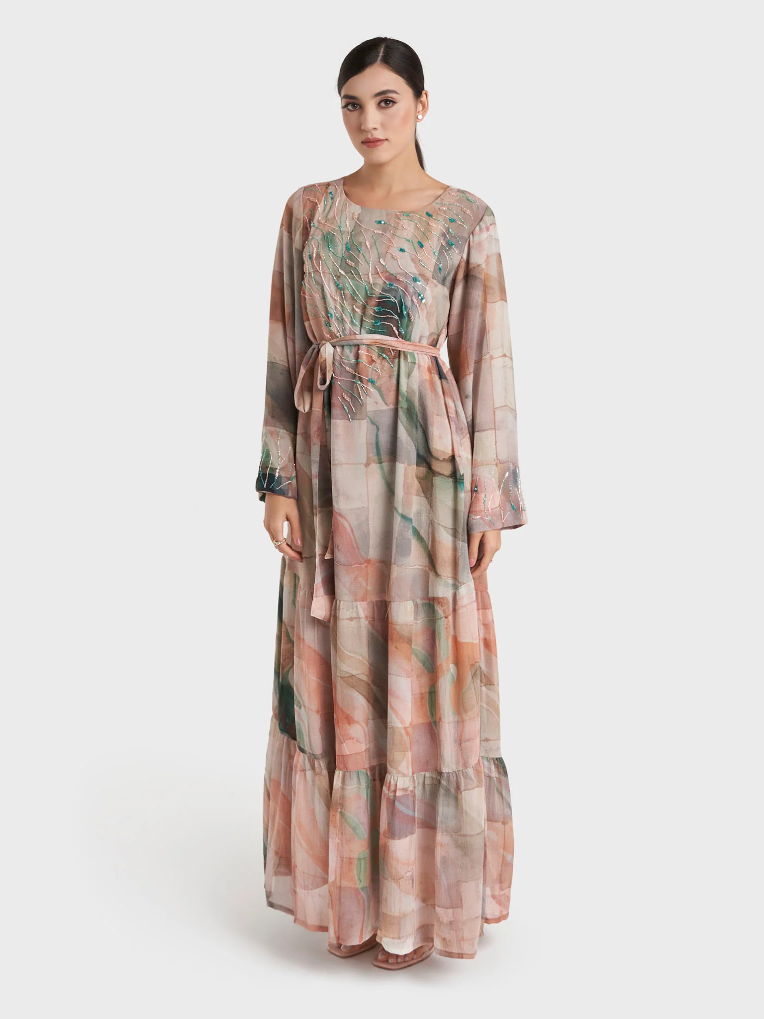 Mocha Abstract Print Chiffon Tiered Handwork Dress (VDX23) - Image 3
