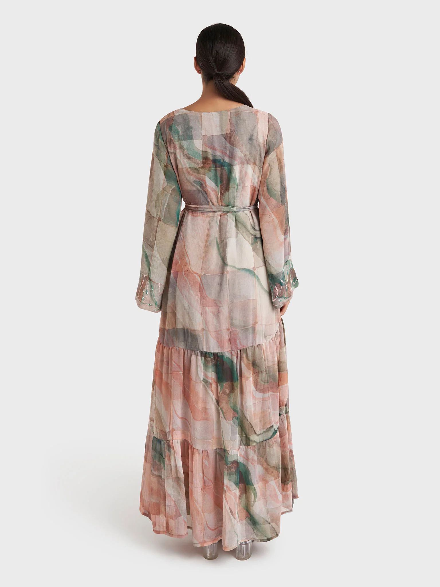 Mocha Abstract Print Chiffon Tiered Handwork Dress (VDX23) - Image 4