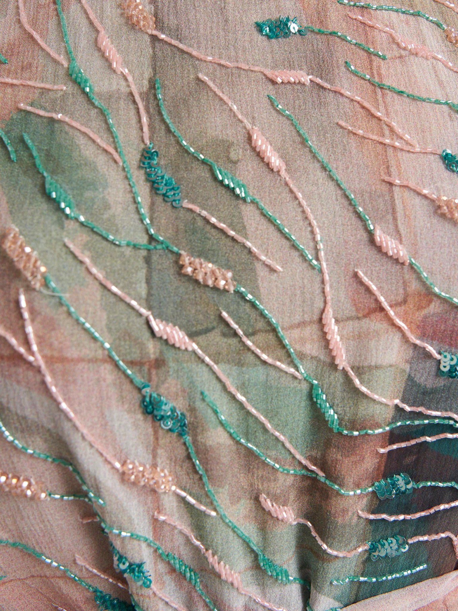 Mocha Abstract Print Chiffon Tiered Handwork Dress (VDX23) - Image 5
