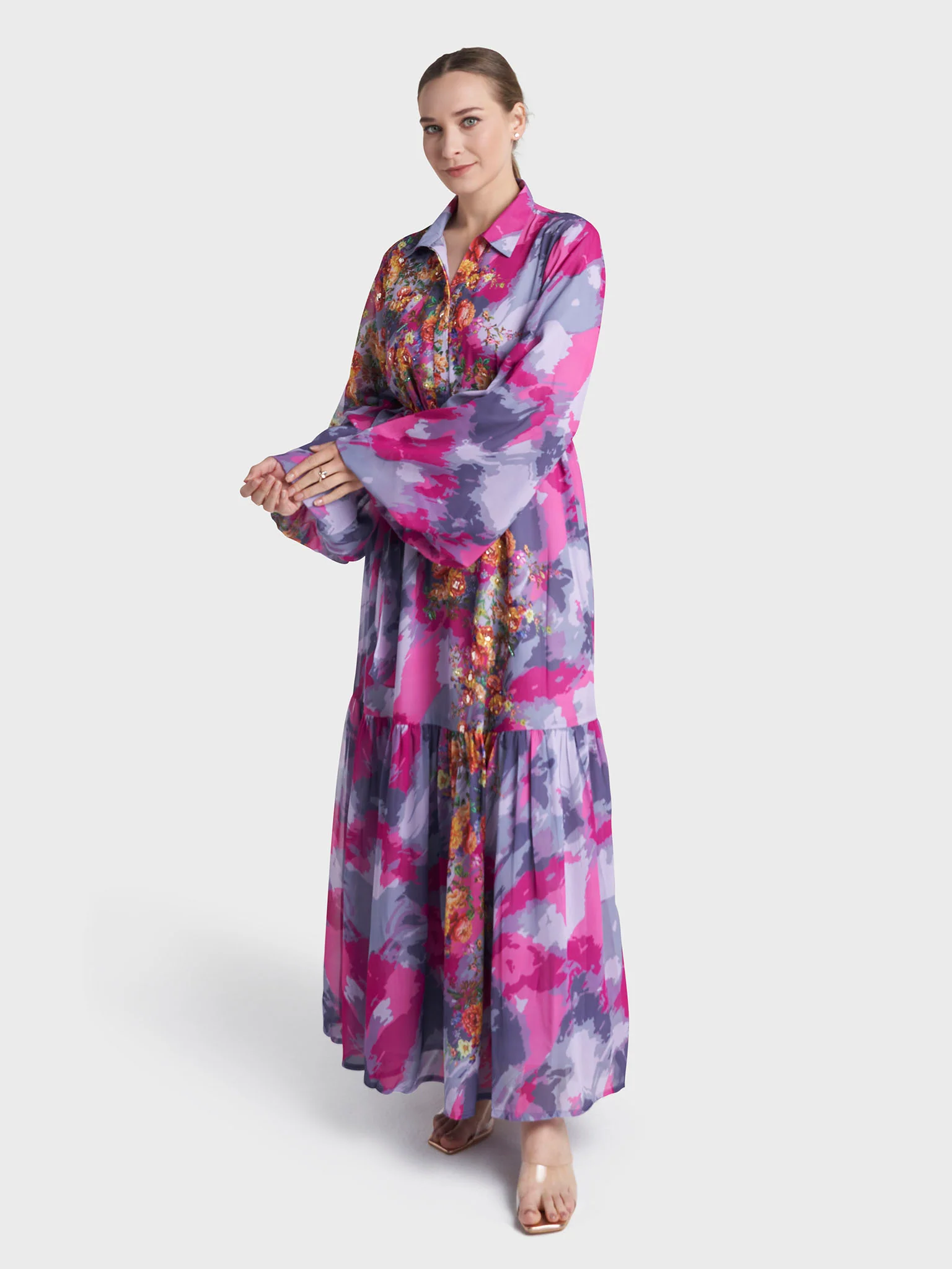 Magenta Colour Hand Work Georgette Floral Printed Dress (VDX24) - Image 4