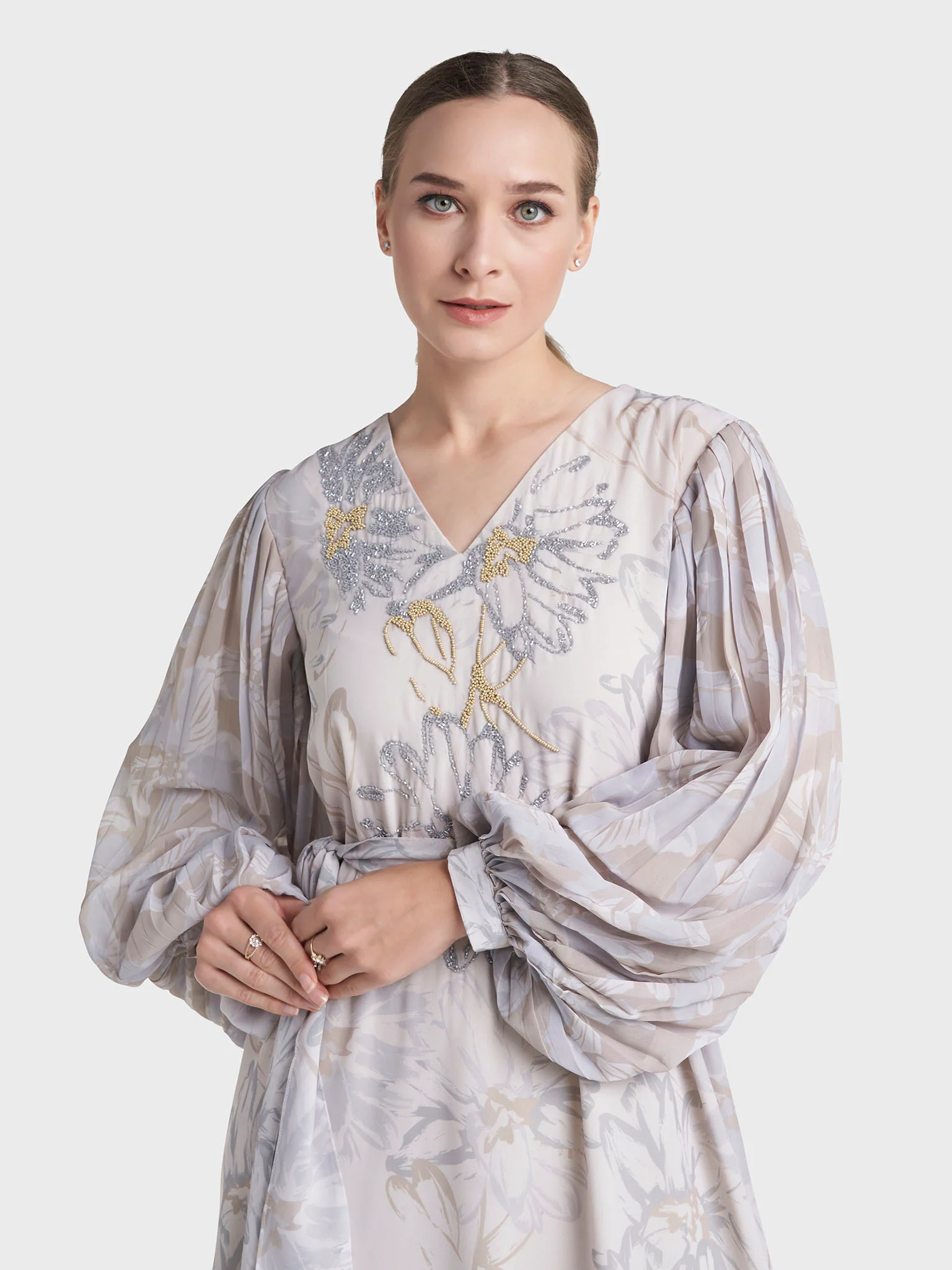 Light Beige Colour Stone Work Georgette Floral Printed Dress (VW219)