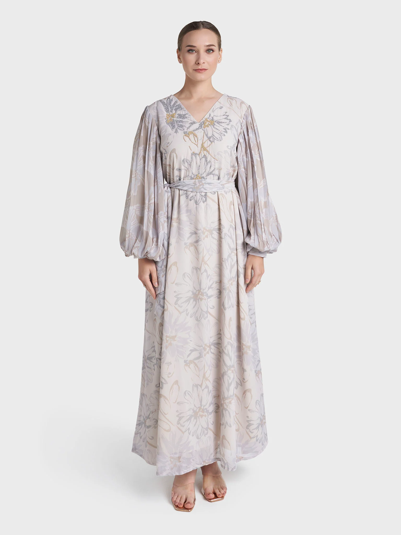 Light Beige Colour Stone Work Georgette Floral Printed Dress (VW219) - Image 2