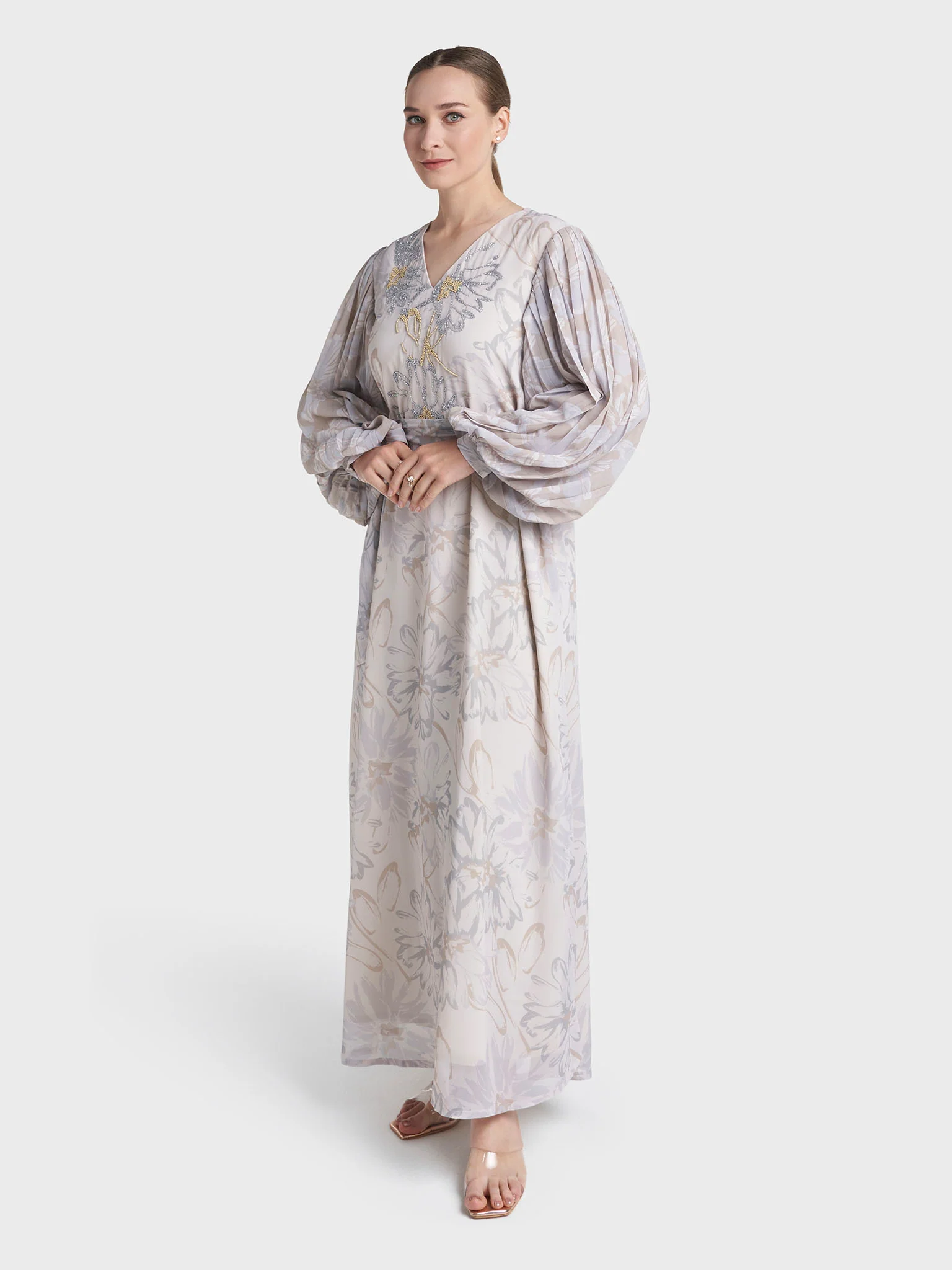 Light Beige Colour Stone Work Georgette Floral Printed Dress (VW219) - Image 3