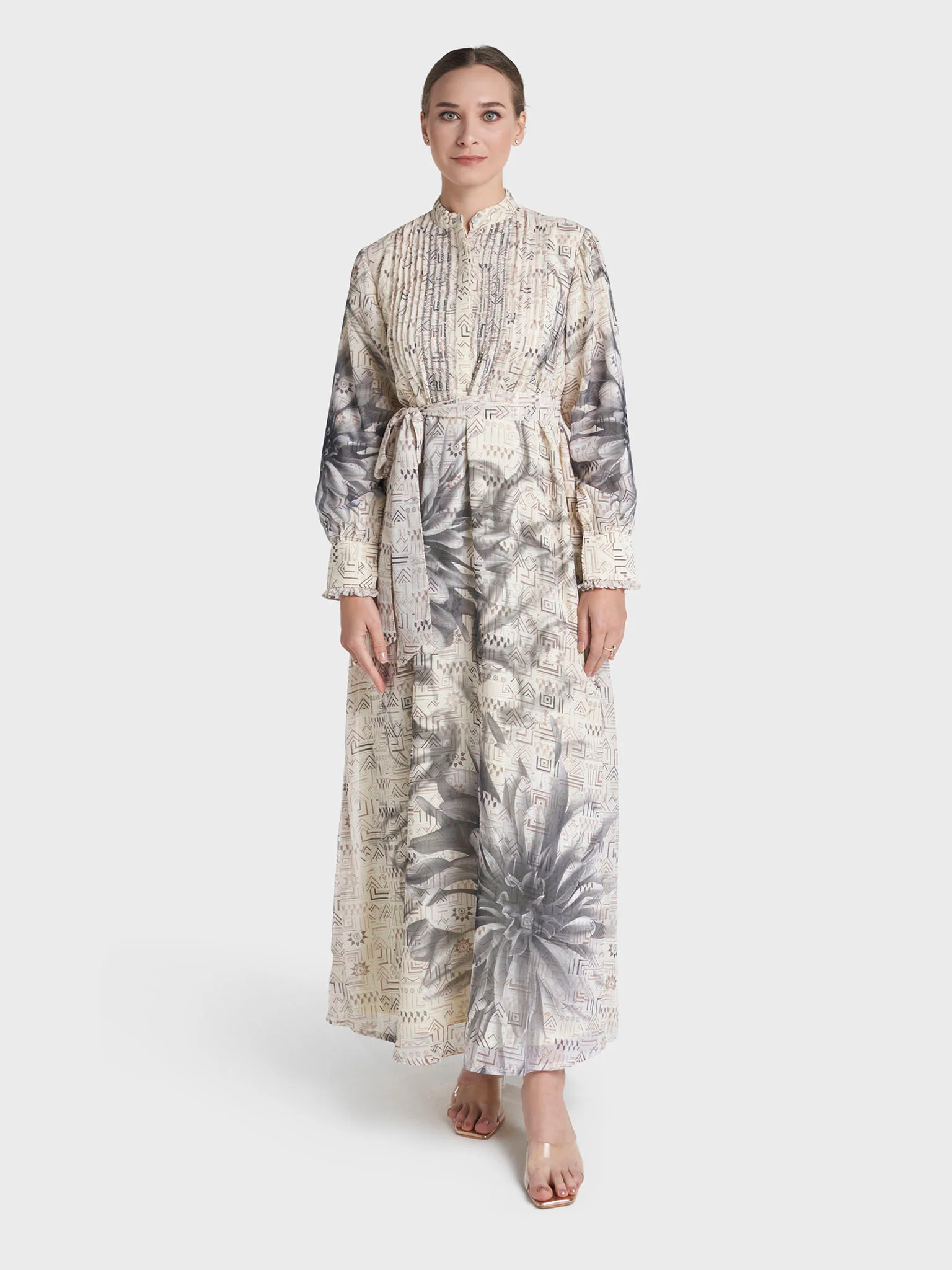Cream Colour Hand Work Georgette Geometric Printed Dress (VW234) - Image 3