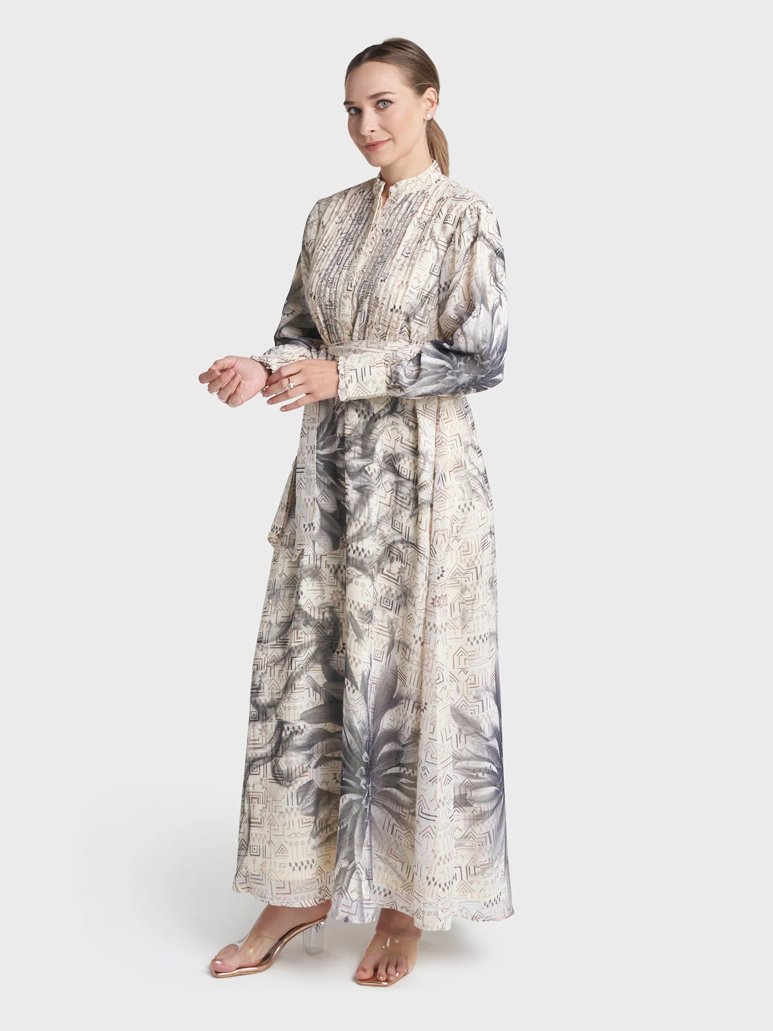Cream Colour Hand Work Georgette Geometric Printed Dress (VW234) - Image 4