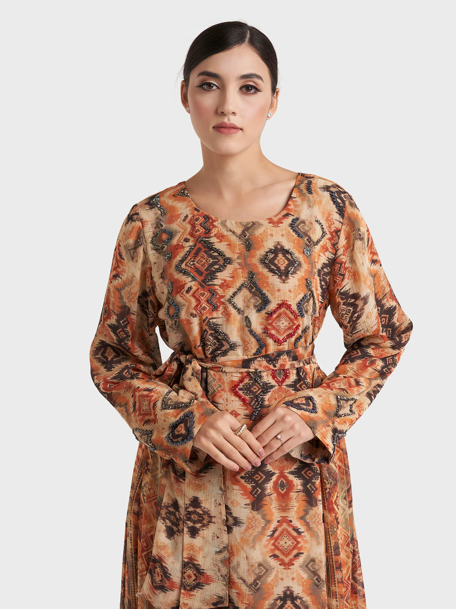 Rust Geometric Print Chiffon Dress (VW302)