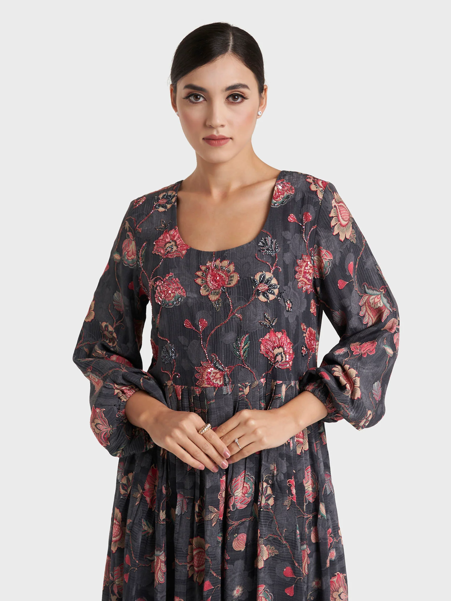 Charcoal Floral Print Chiffon Long Dress (VW355)