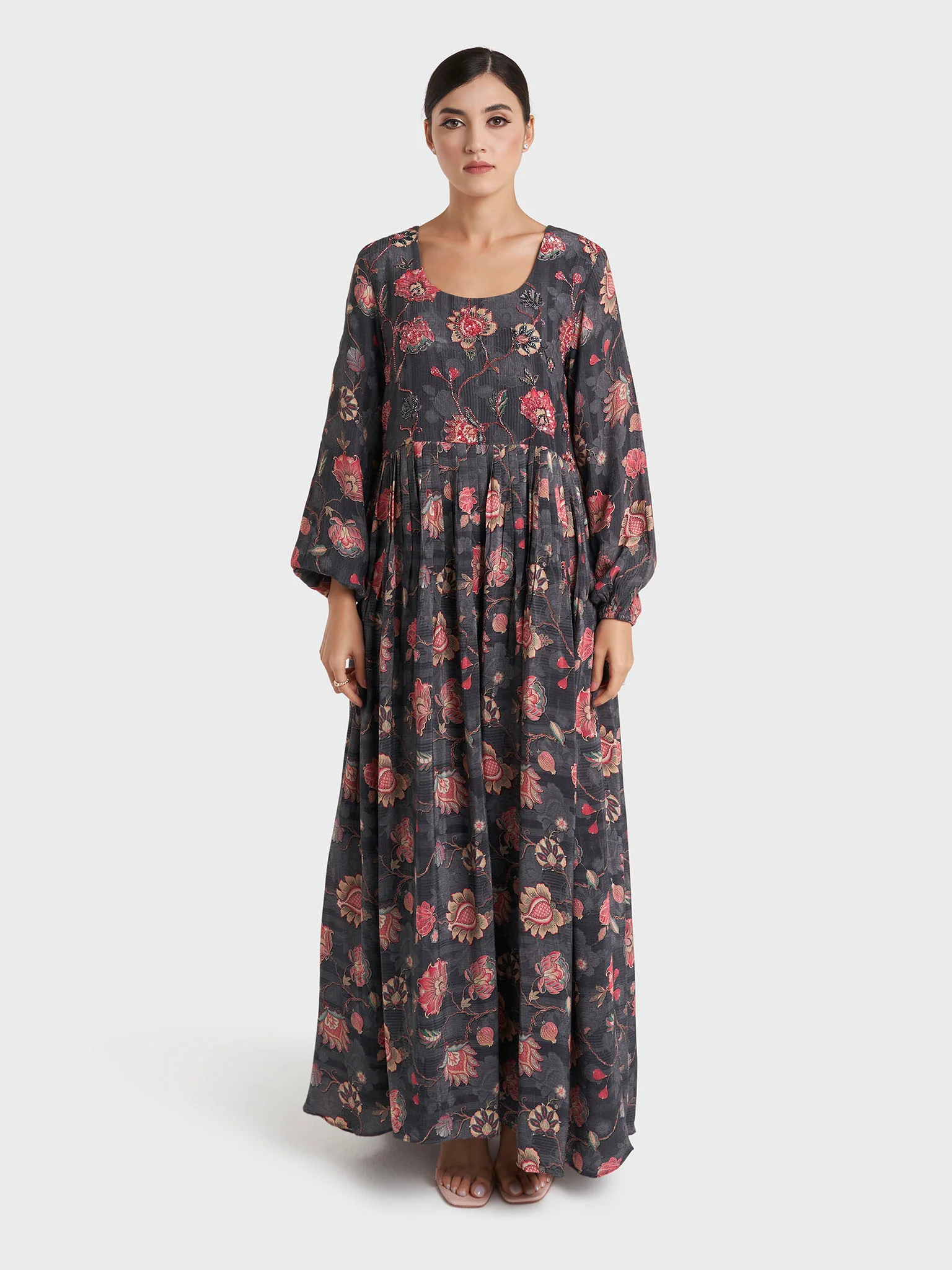 Charcoal Floral Print Chiffon Long Dress (VW355) - Image 2