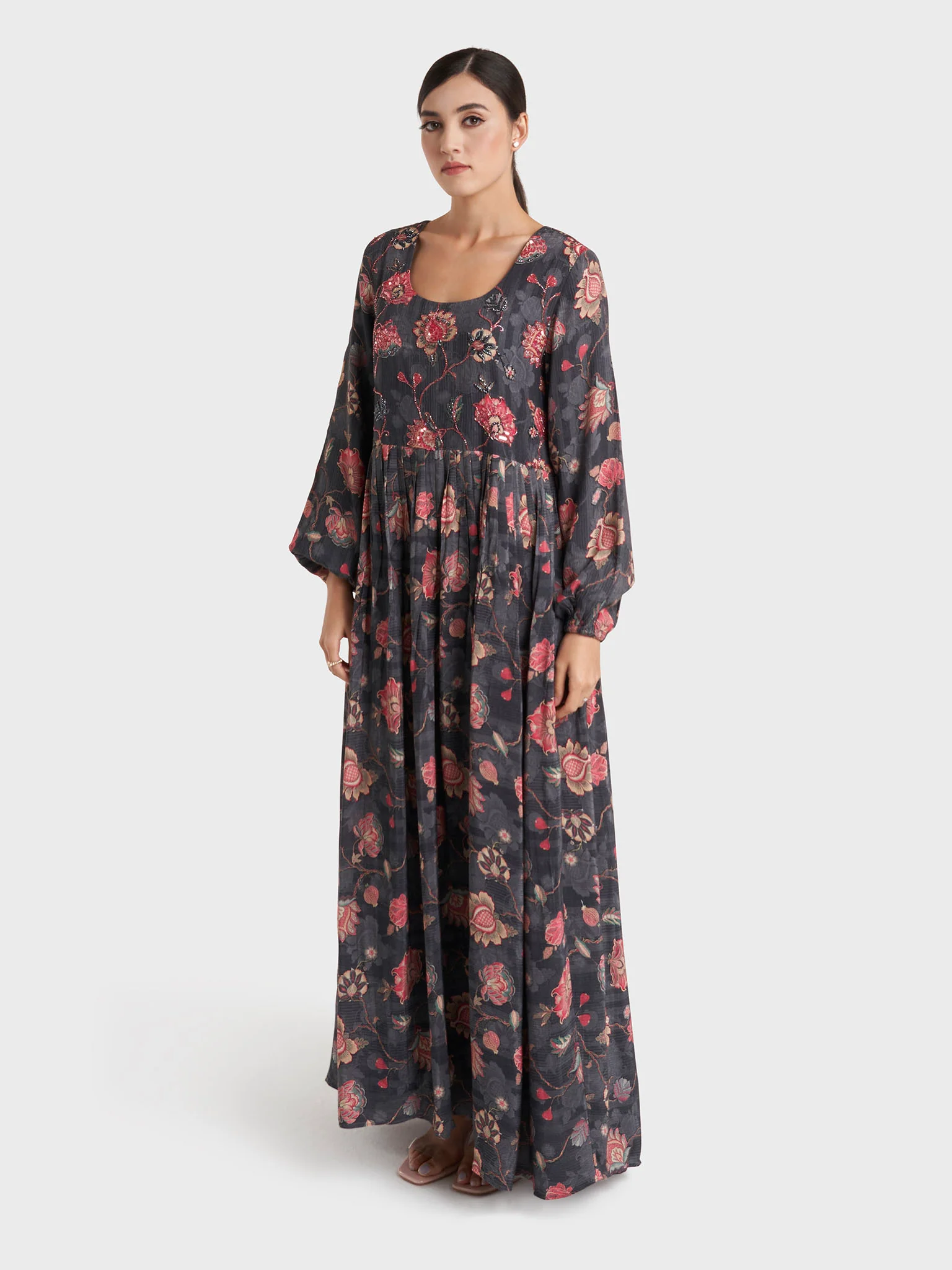 Charcoal Floral Print Chiffon Long Dress (VW355) - Image 3