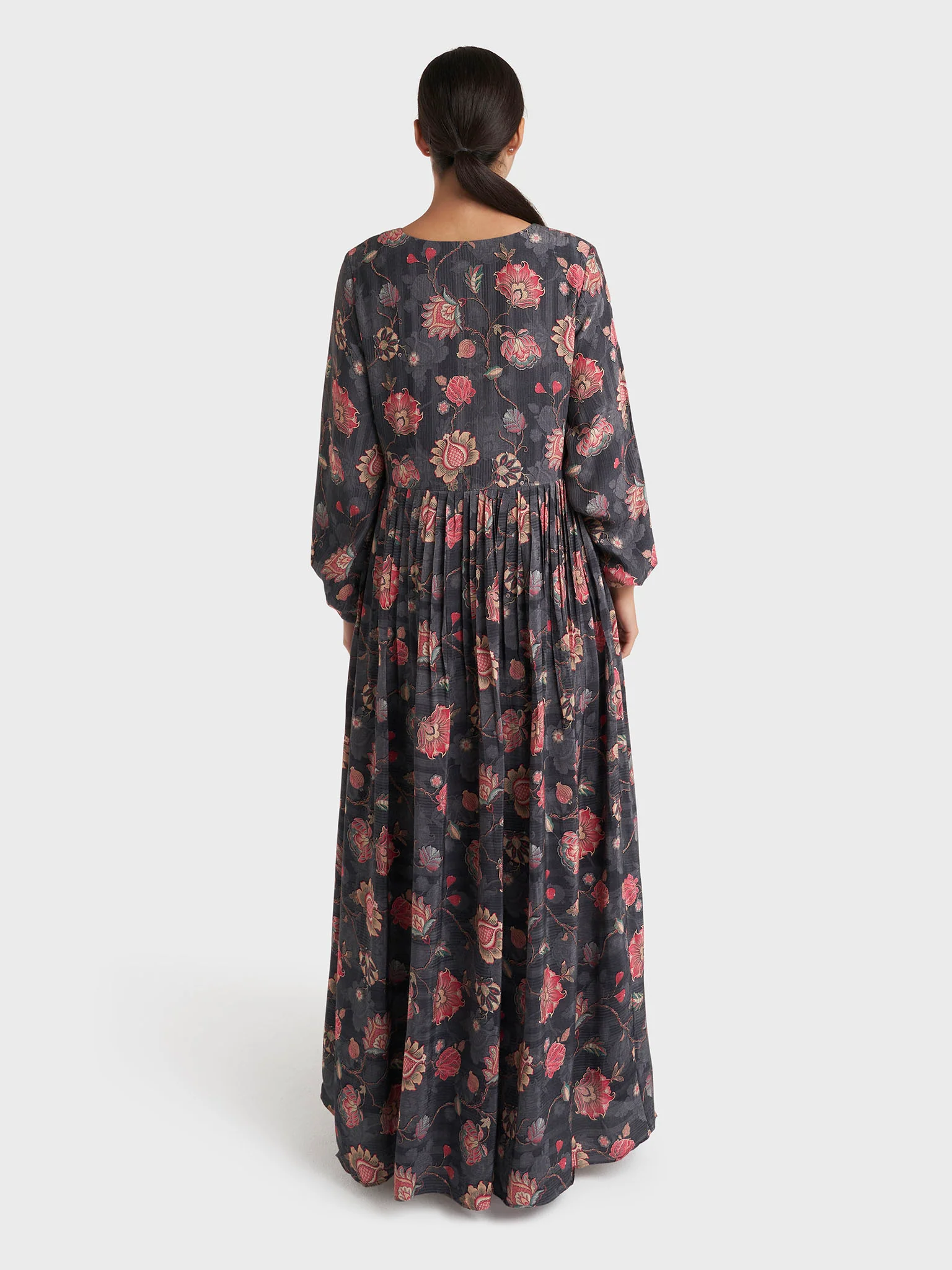 Charcoal Floral Print Chiffon Long Dress (VW355) - Image 4