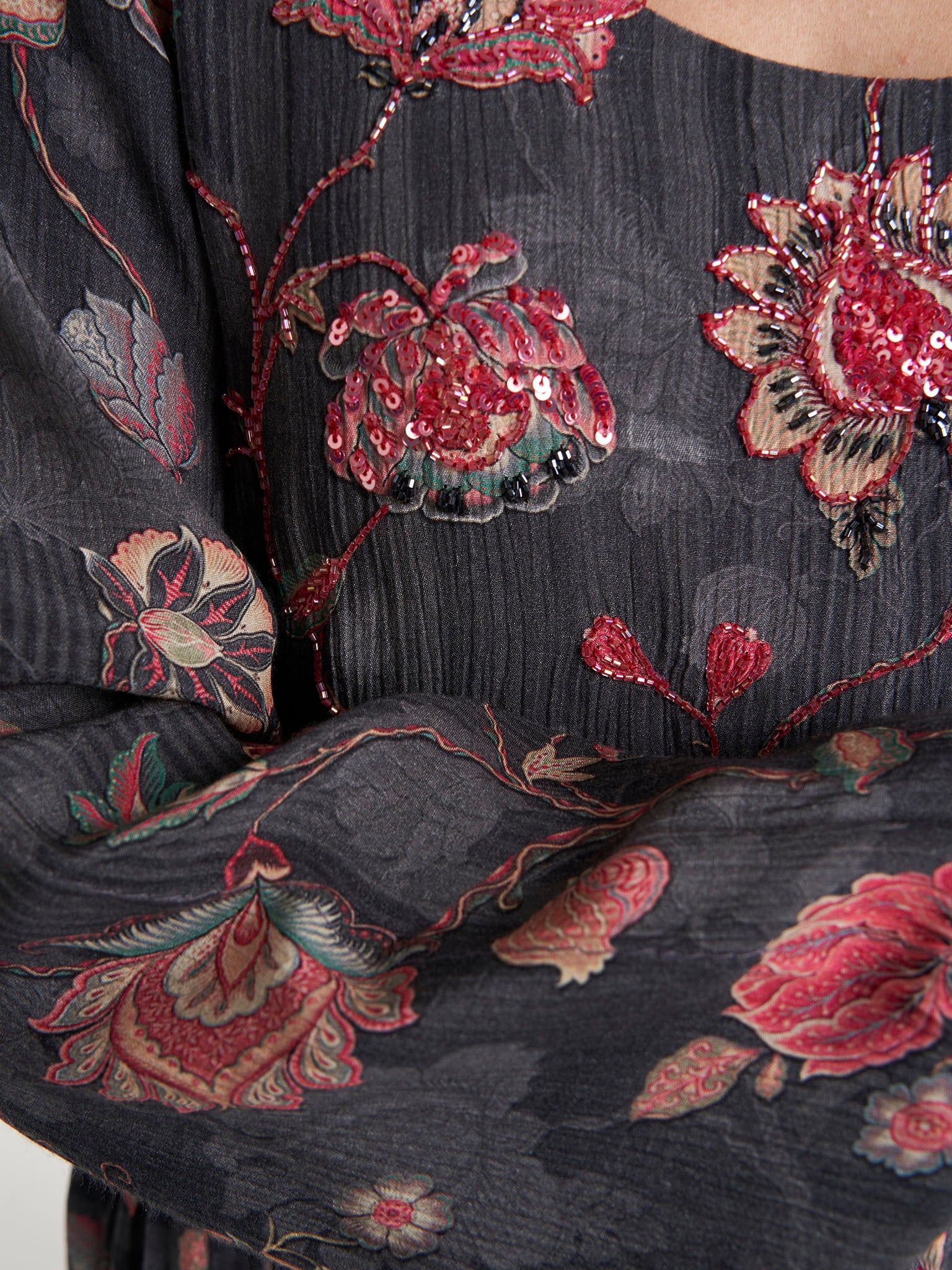 Charcoal Floral Print Chiffon Long Dress (VW355) - Image 5