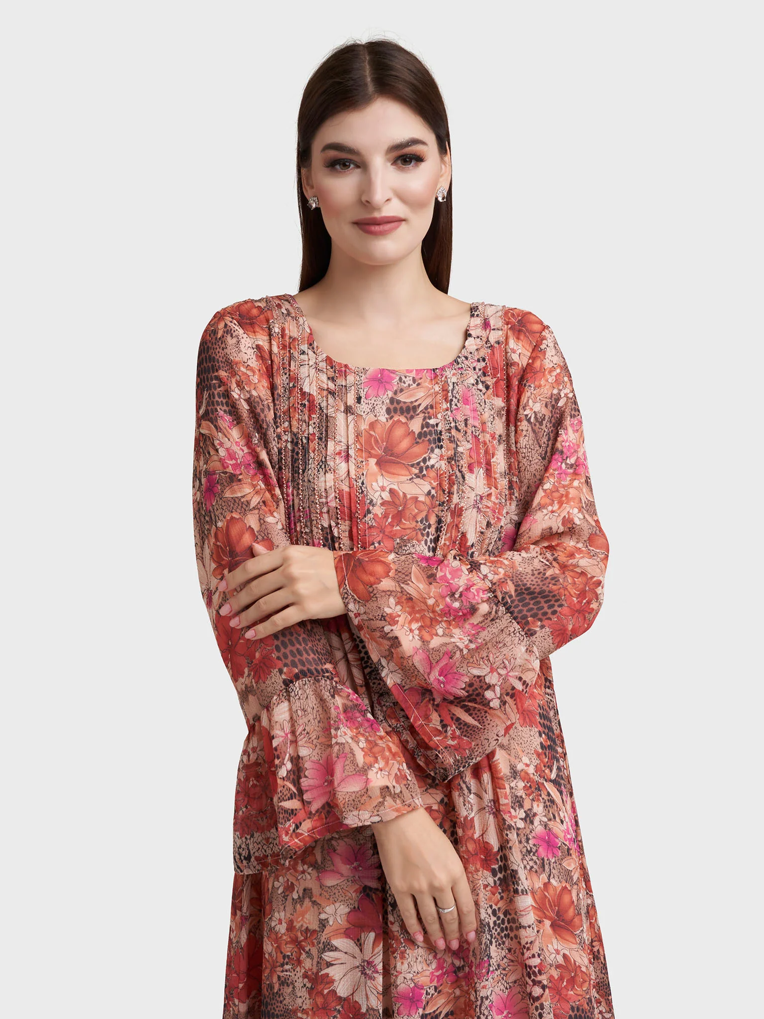 Rust Chiffon Floral Print Pintuck with Beadwork Dress (VW361)