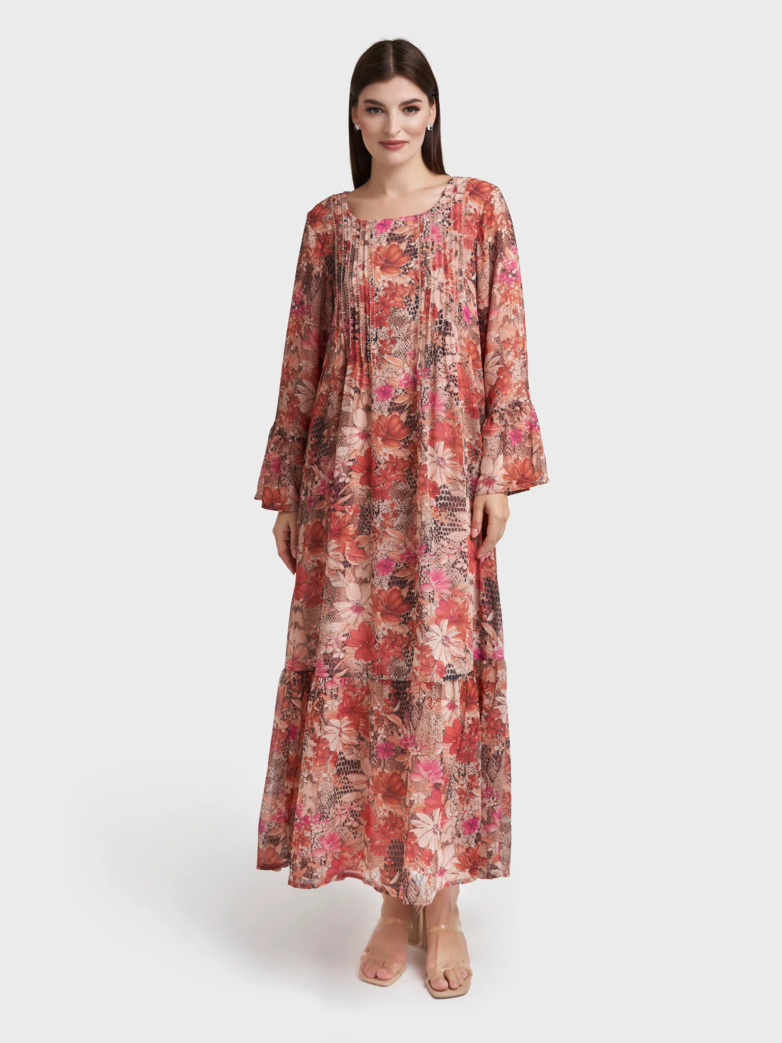 Rust Chiffon Floral Print Pintuck with Beadwork Dress (VW361) - Image 2