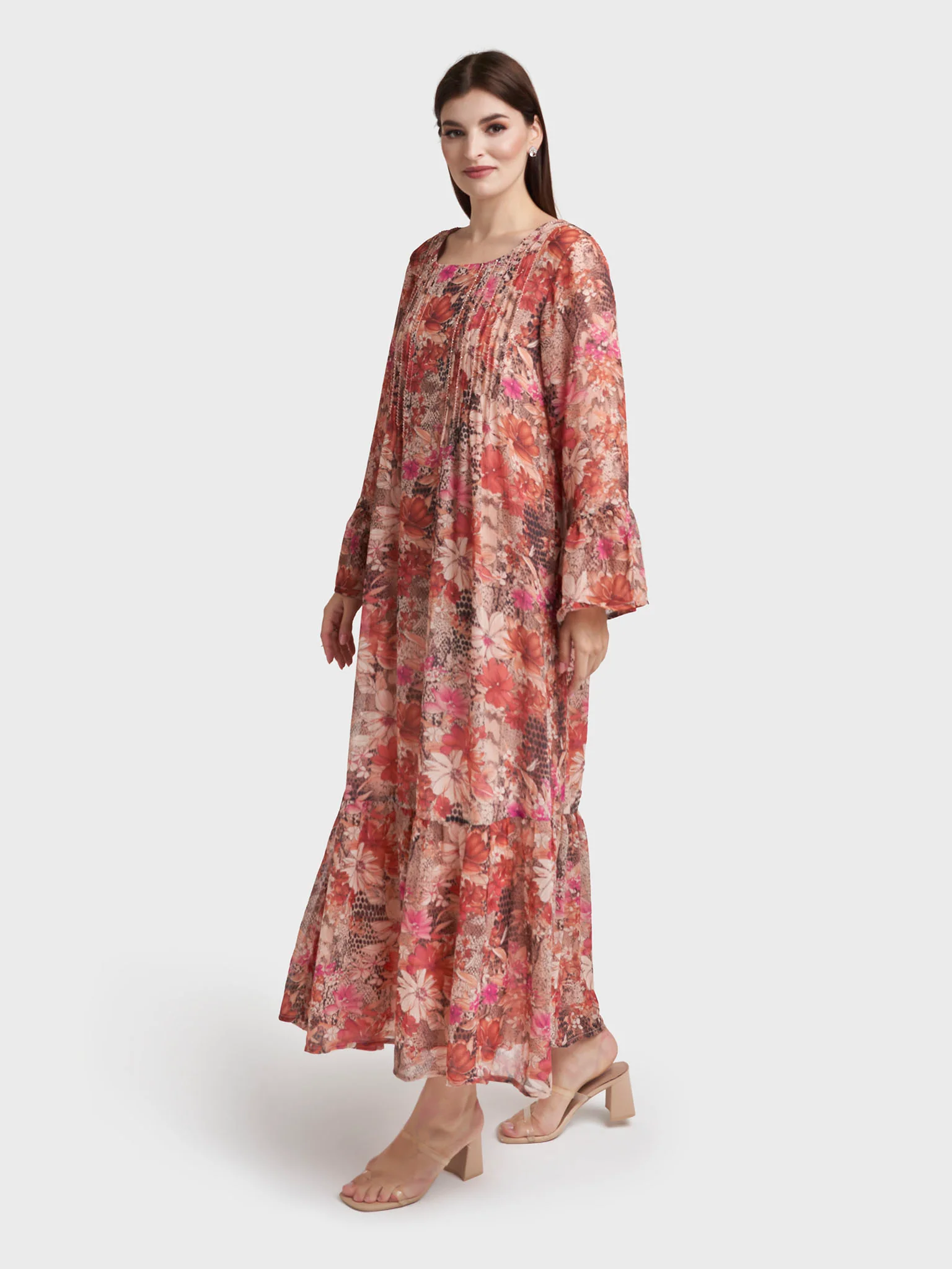 Rust Chiffon Floral Print Pintuck with Beadwork Dress (VW361) - Image 3