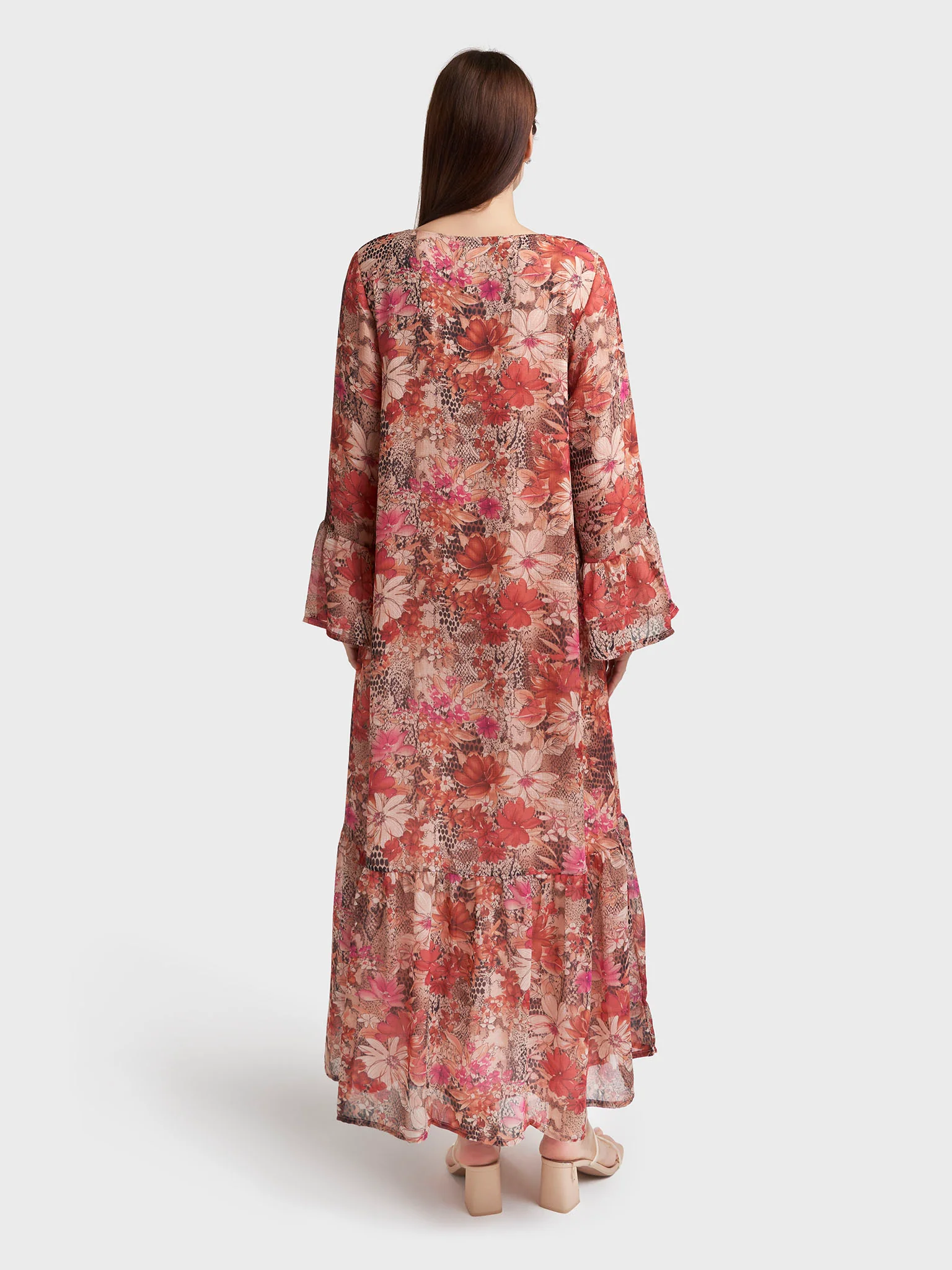Rust Chiffon Floral Print Pintuck with Beadwork Dress (VW361) - Image 4