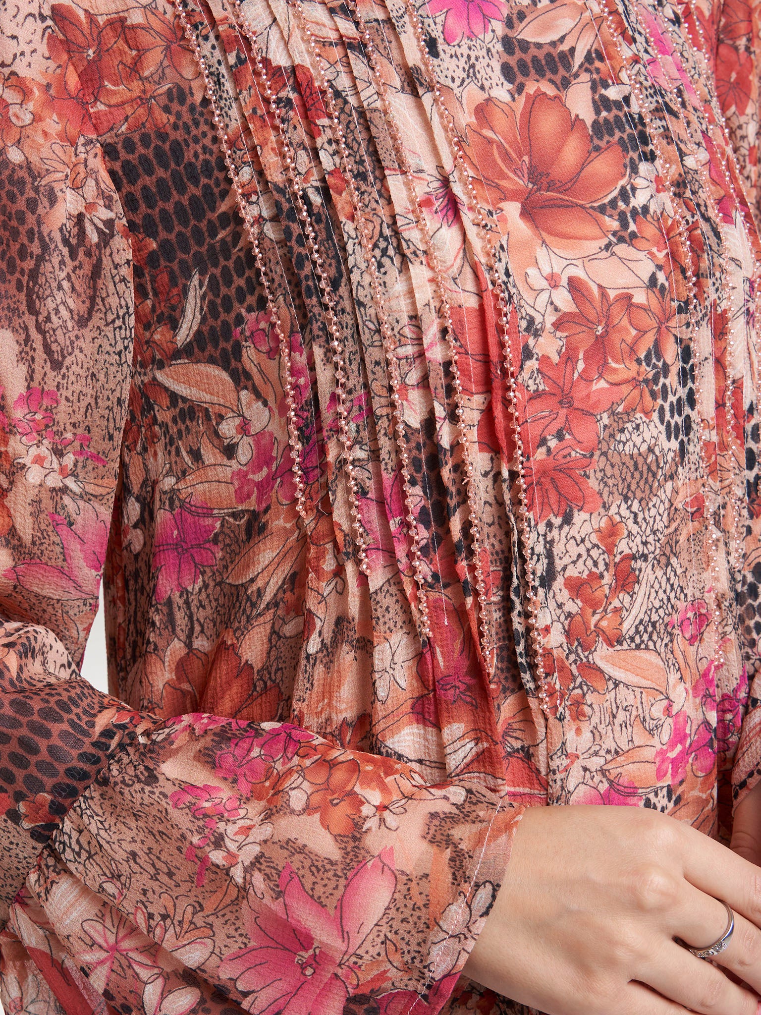 Rust Chiffon Floral Print Pintuck with Beadwork Dress (VW361) - Image 5