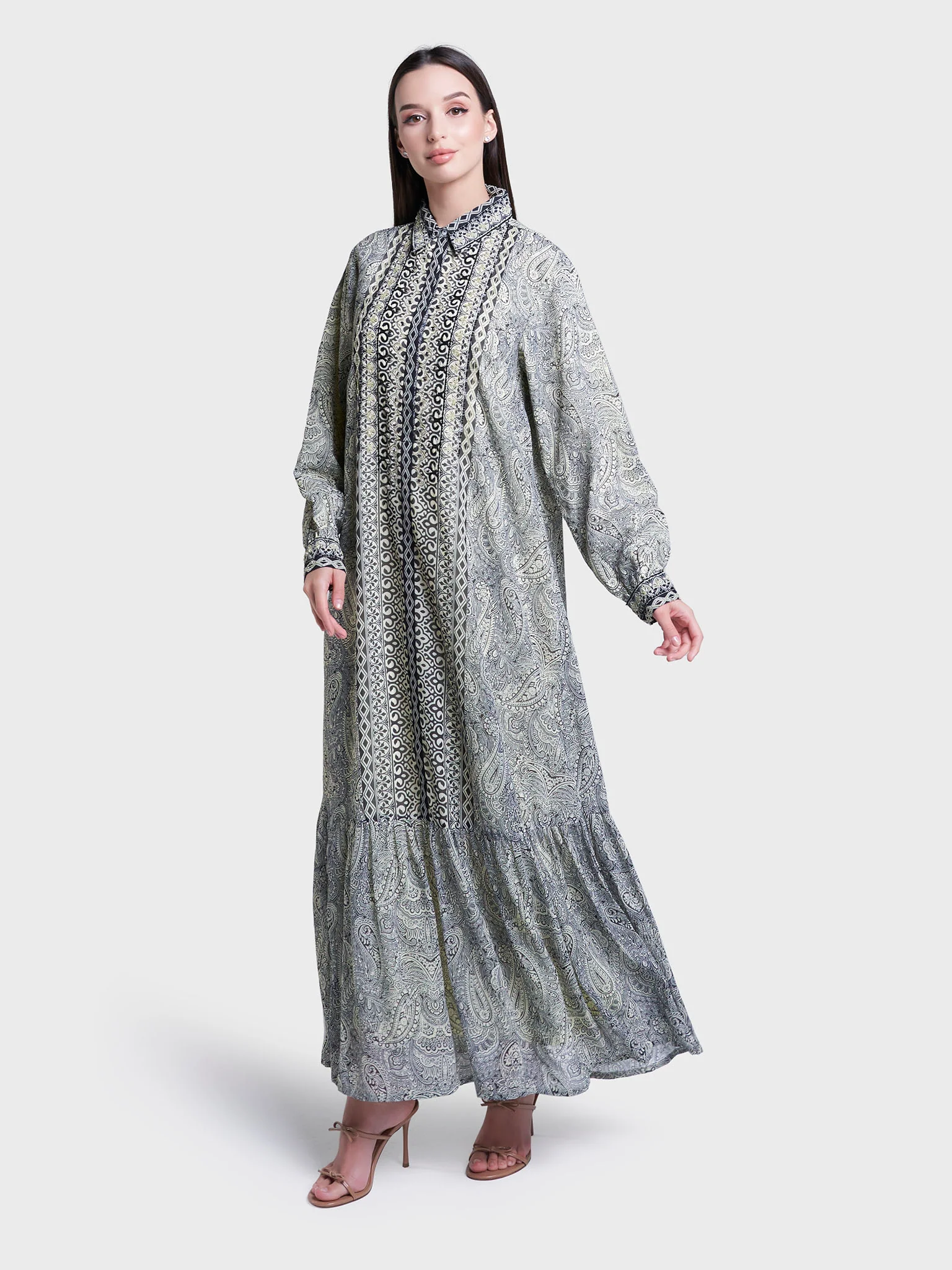 Lemon Paisley Print Hand Work Georgette Long Shirt Dress (VW362) - Image 3