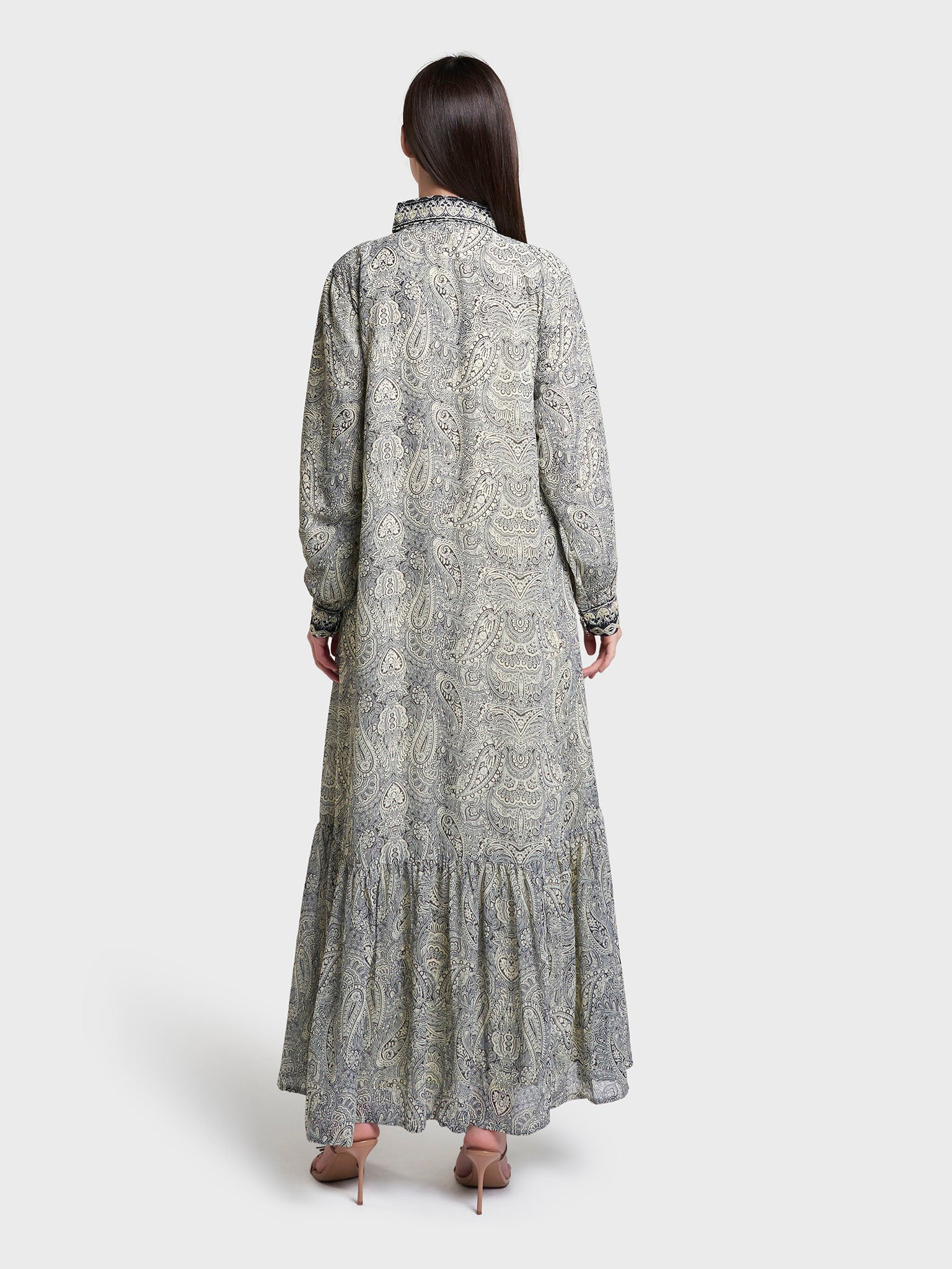 Lemon Paisley Print Hand Work Georgette Long Shirt Dress (VW362) - Image 4