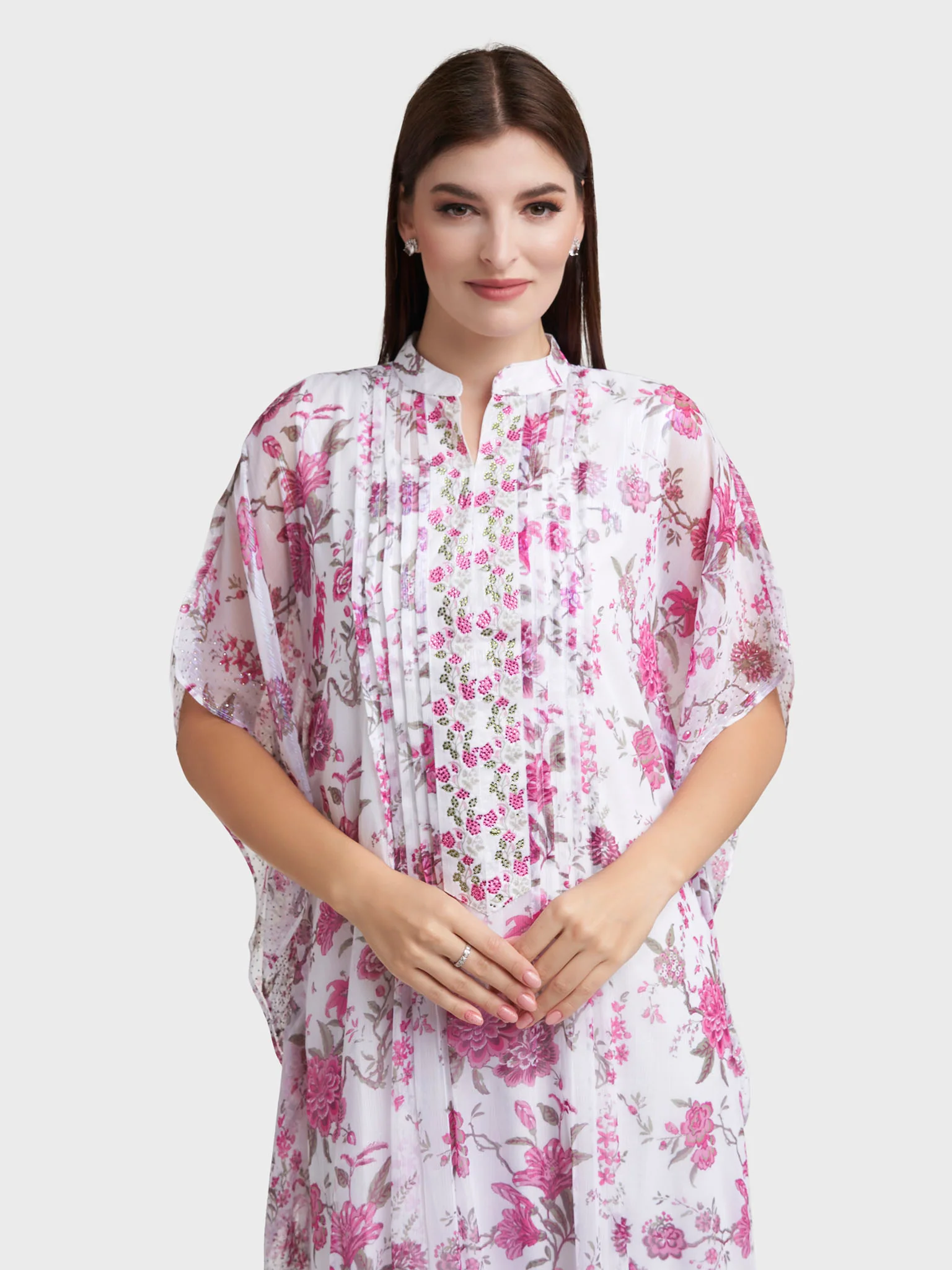 Magenta Floral Print Front Pleats Dress (VW369)