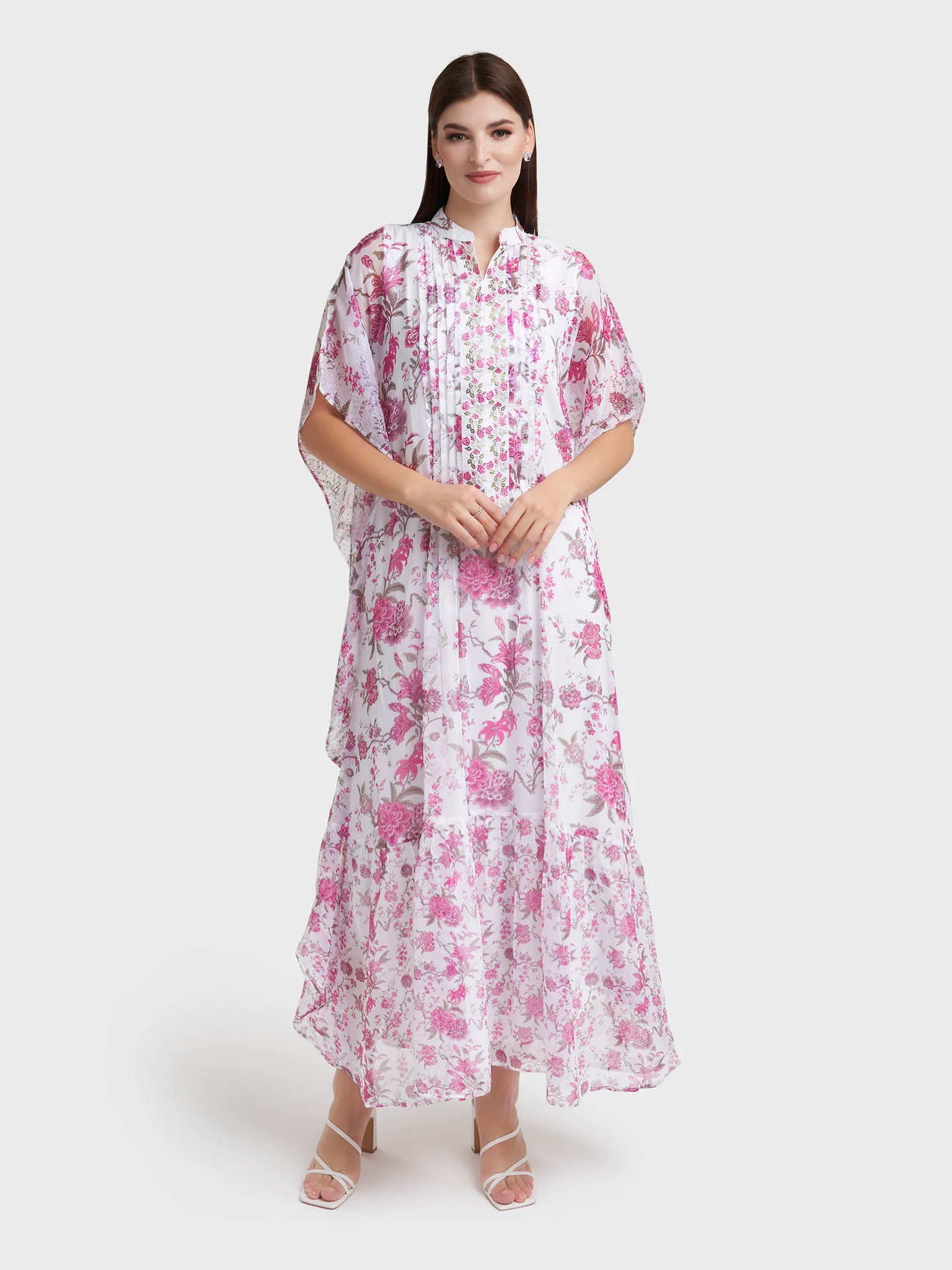 Magenta Floral Print Front Pleats Dress (VW369) - Image 2