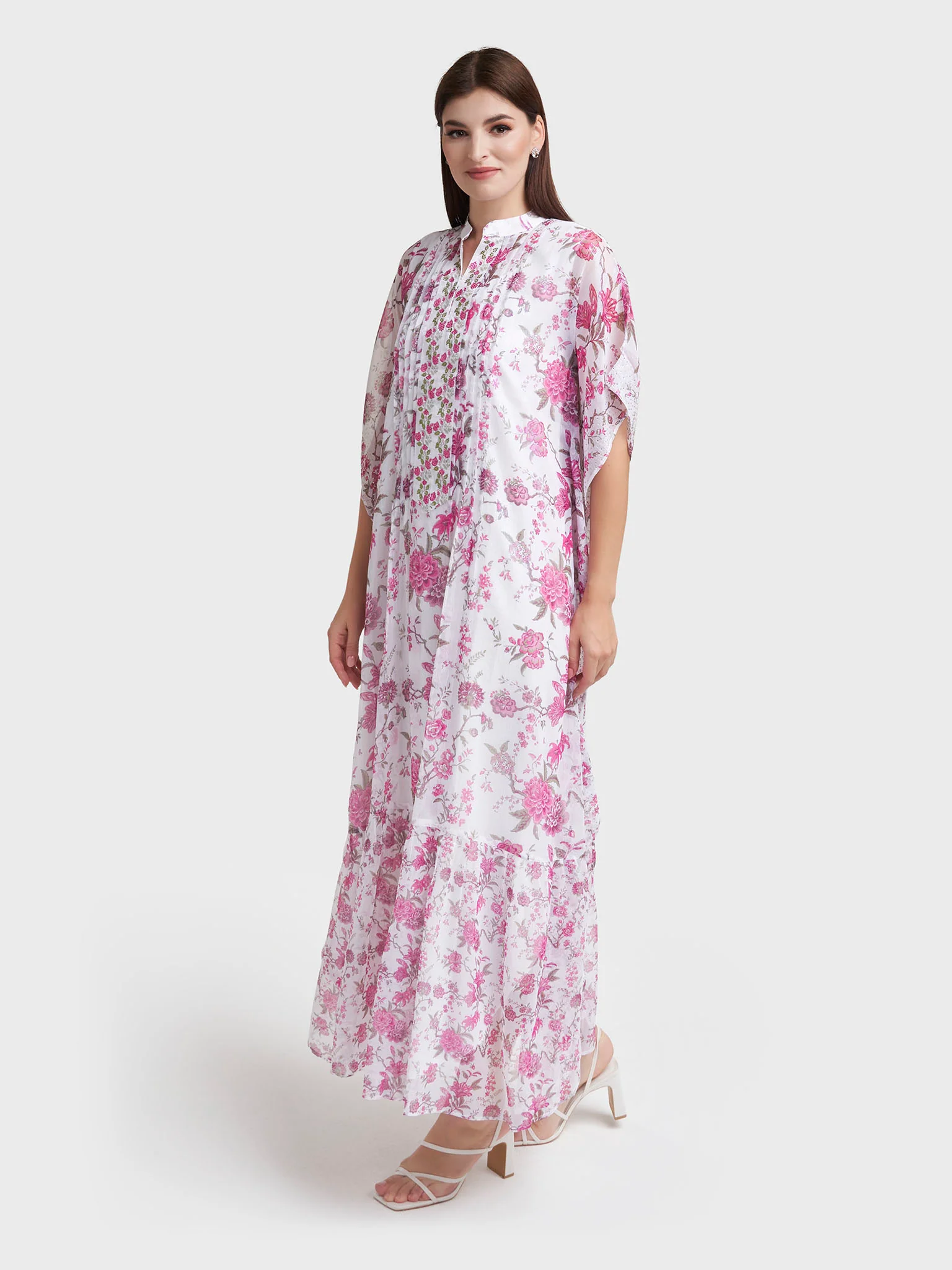 Magenta Floral Print Front Pleats Dress (VW369) - Image 3