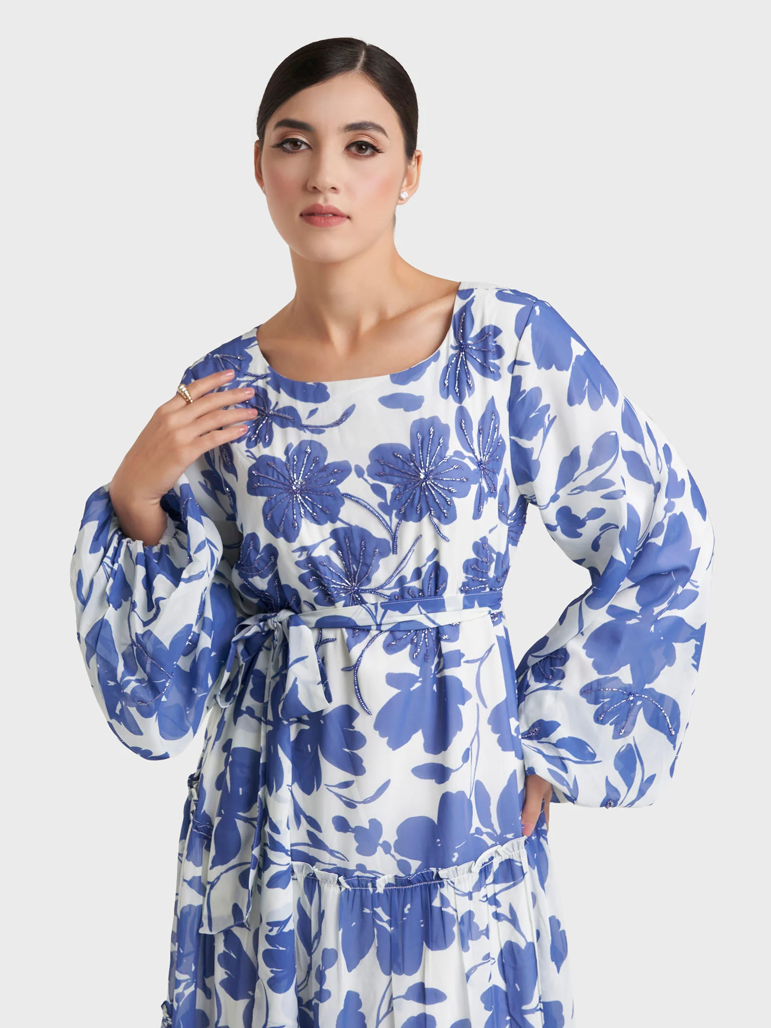 Blue Floral Print Georgette Long Handwork Dress (VW377)