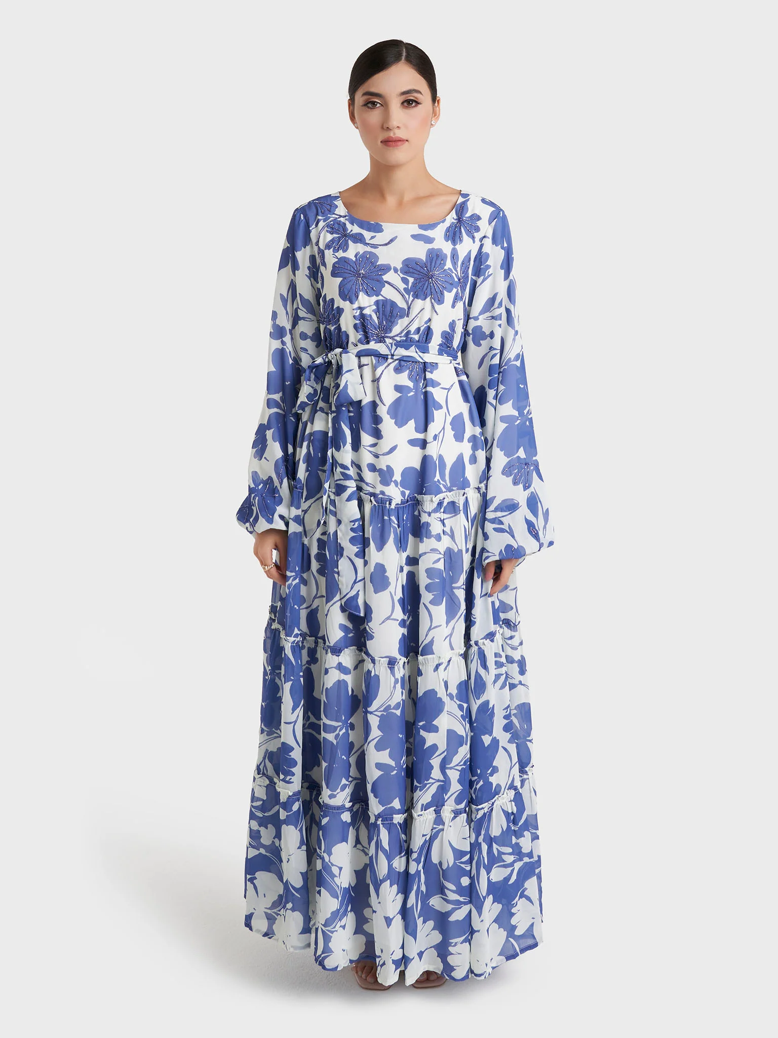 Blue Floral Print Georgette Long Handwork Dress (VW377) - Image 2