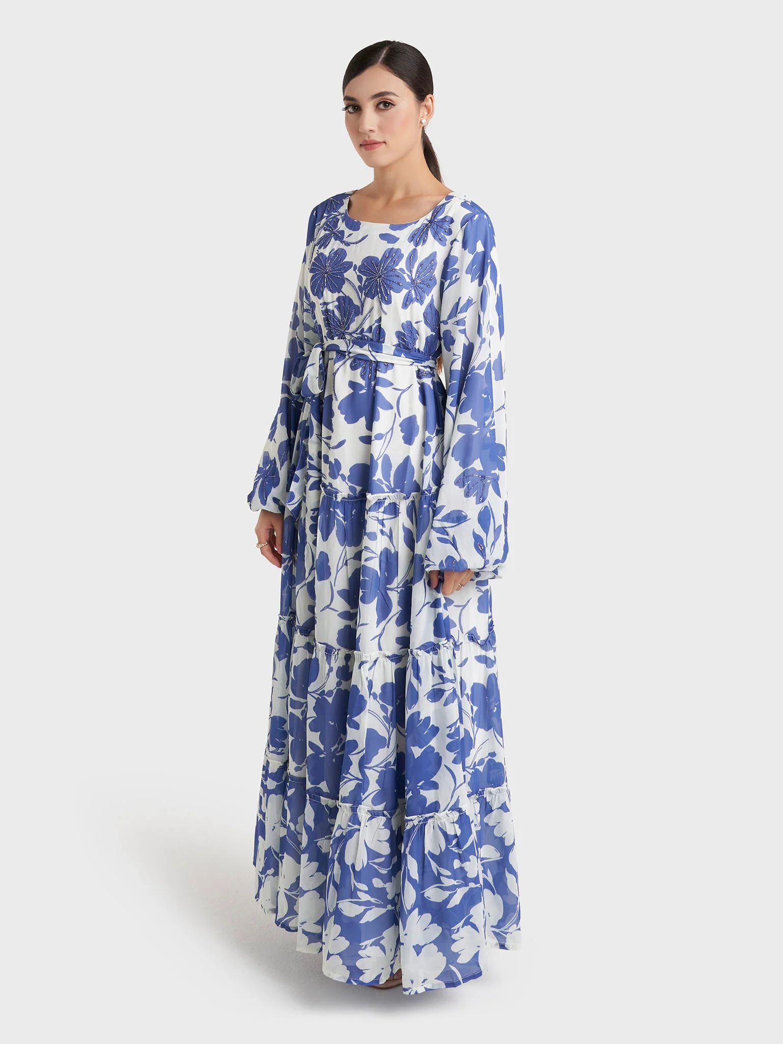 Blue Floral Print Georgette Long Handwork Dress (VW377) - Image 3