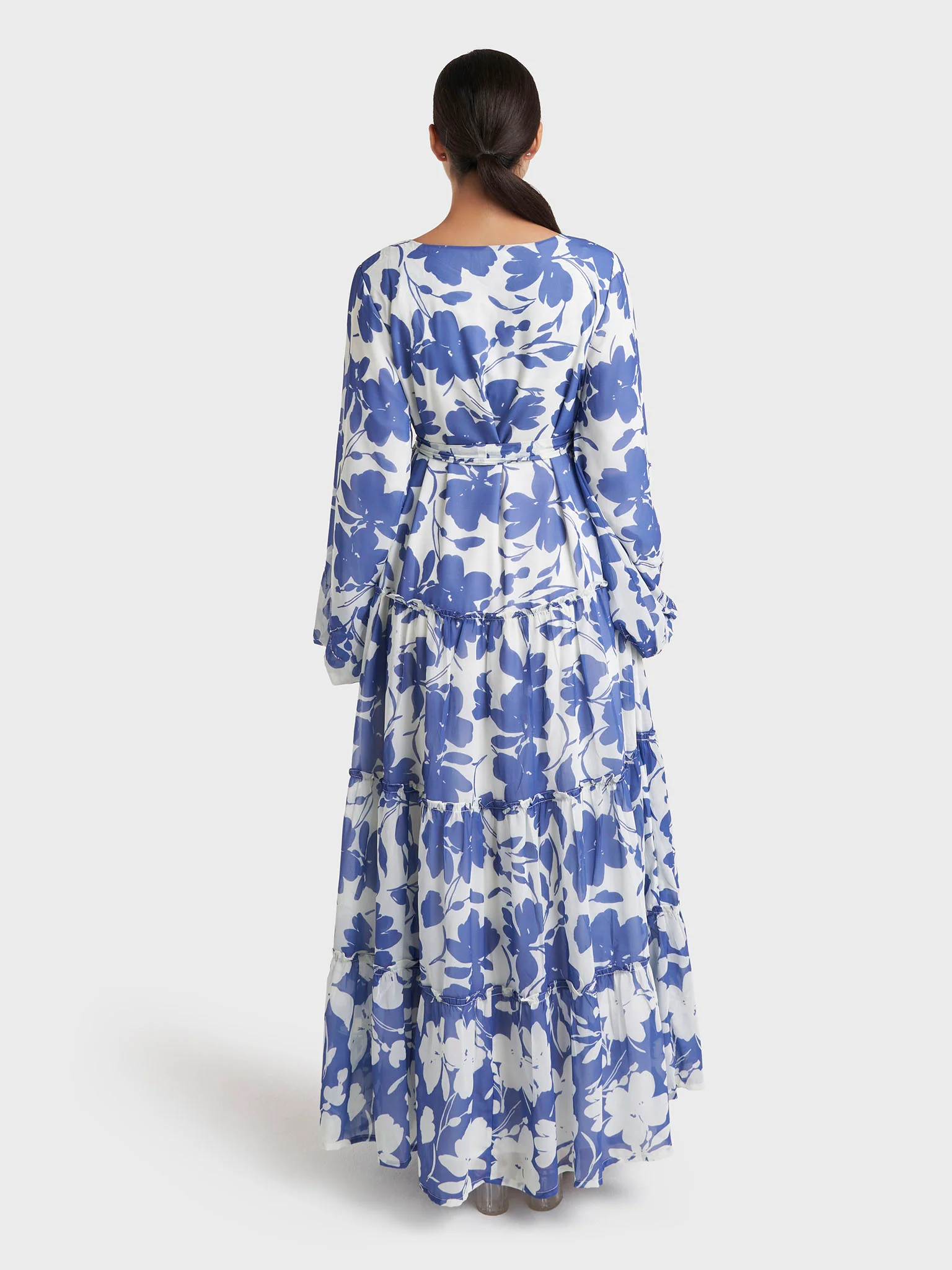 Blue Floral Print Georgette Long Handwork Dress (VW377) - Image 4