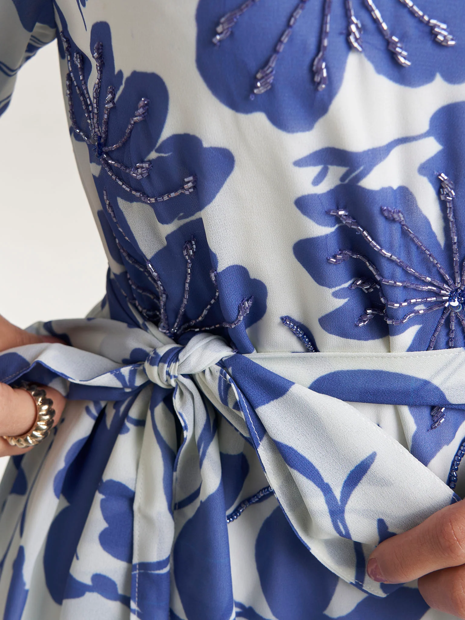 Blue Floral Print Georgette Long Handwork Dress (VW377) - Image 6