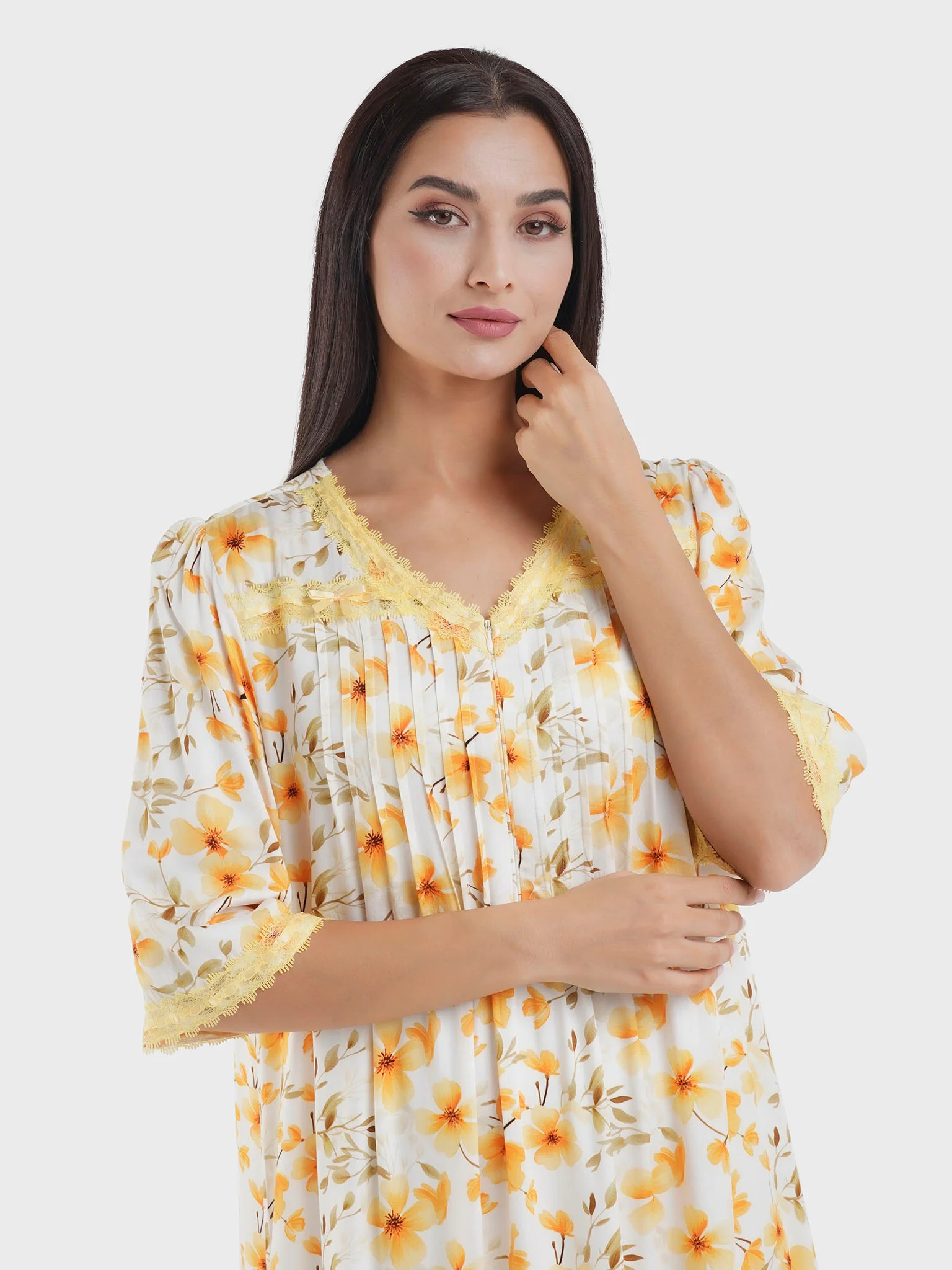 Viscose Yellow Floral Print Nightwear Dress (CNH439)