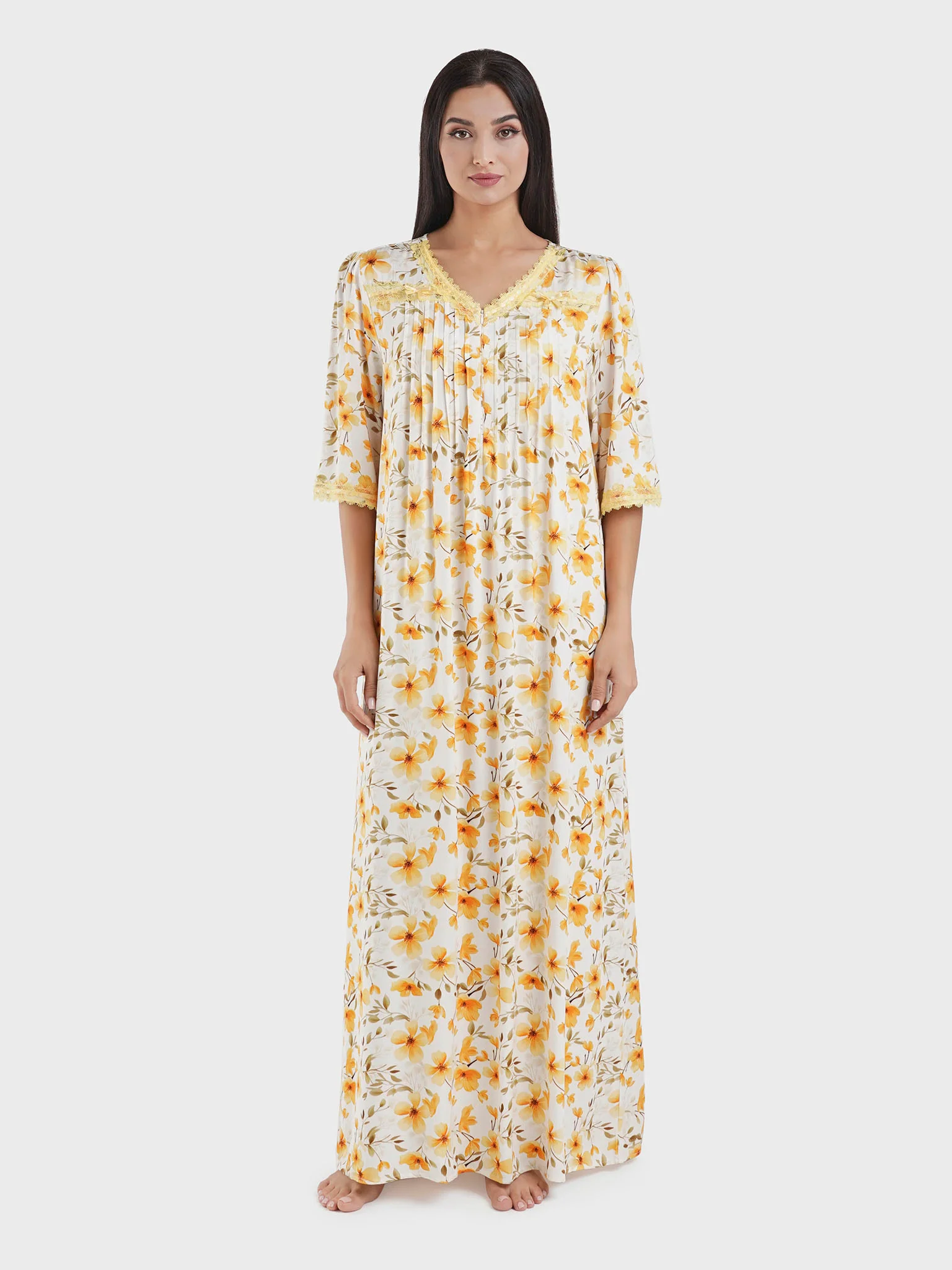 Viscose Yellow Floral Print Nightwear Dress (CNH439) - Image 2