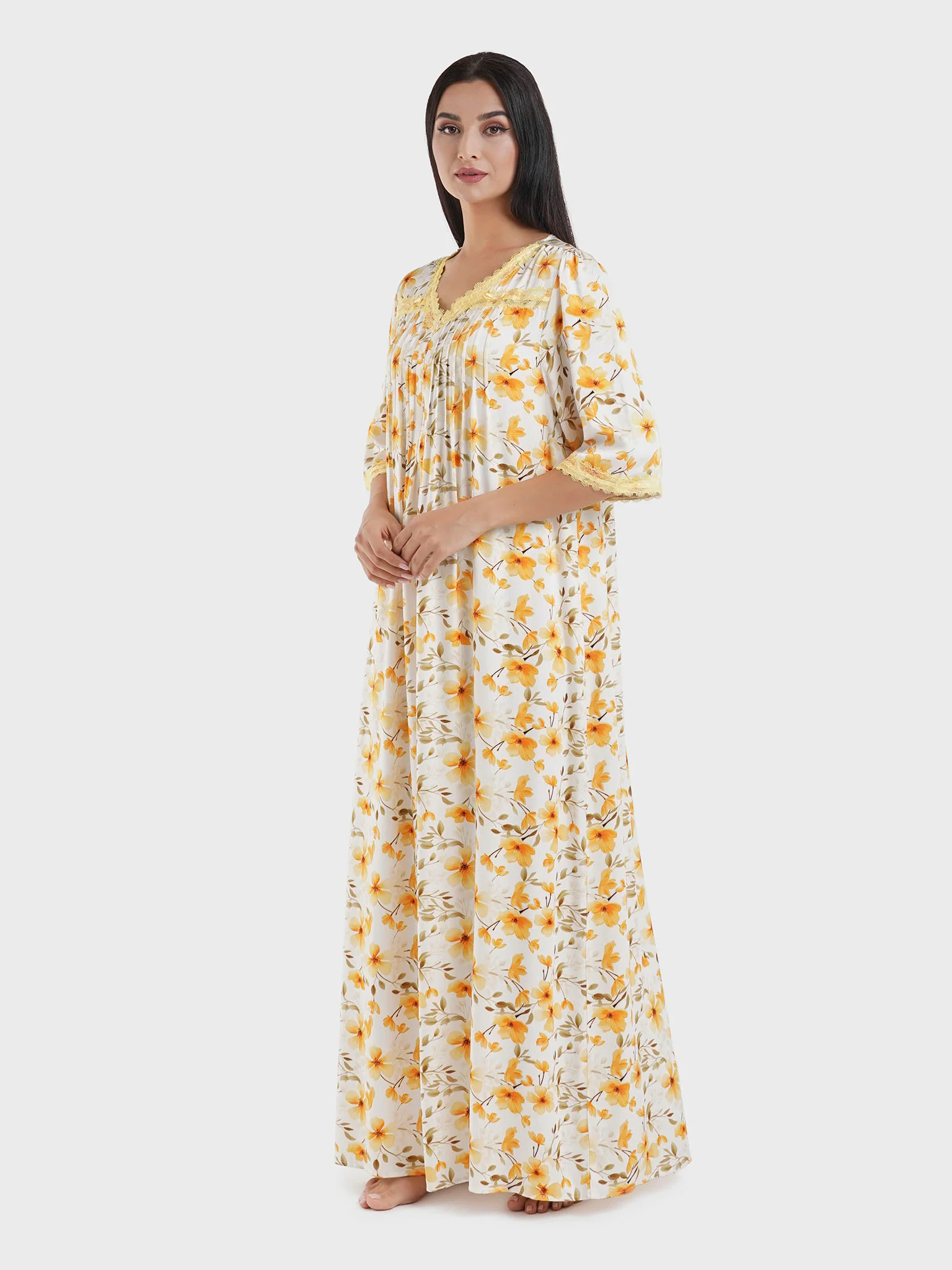 Viscose Yellow Floral Print Nightwear Dress (CNH439) - Image 3