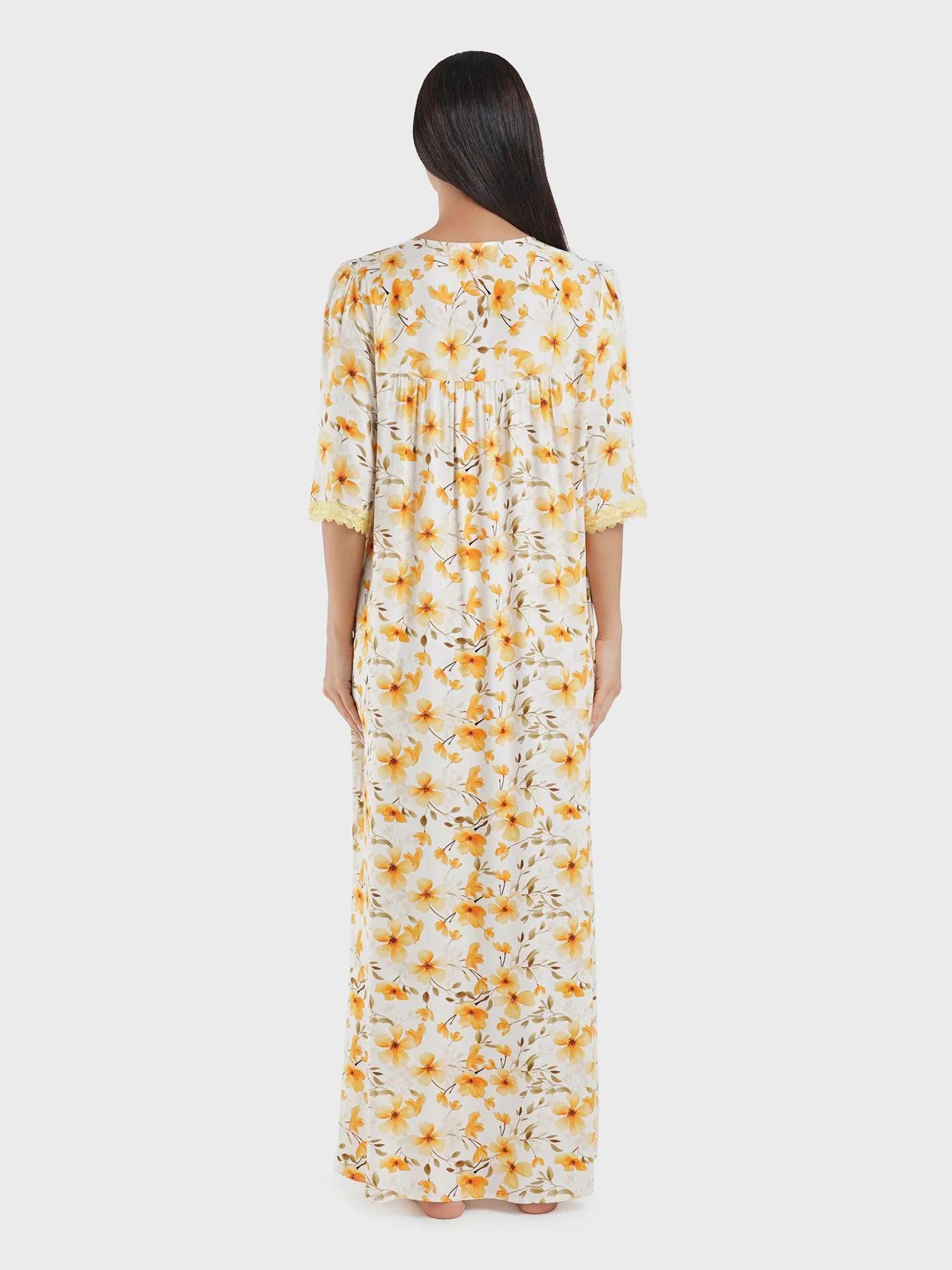 Viscose Yellow Floral Print Nightwear Dress (CNH439) - Image 4