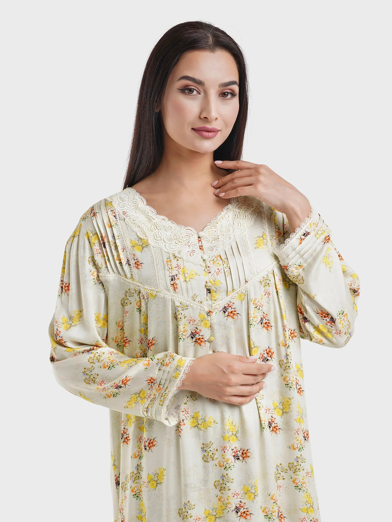 Light Yellow Floral Print Viscose Nightwear Dress (CNH442)