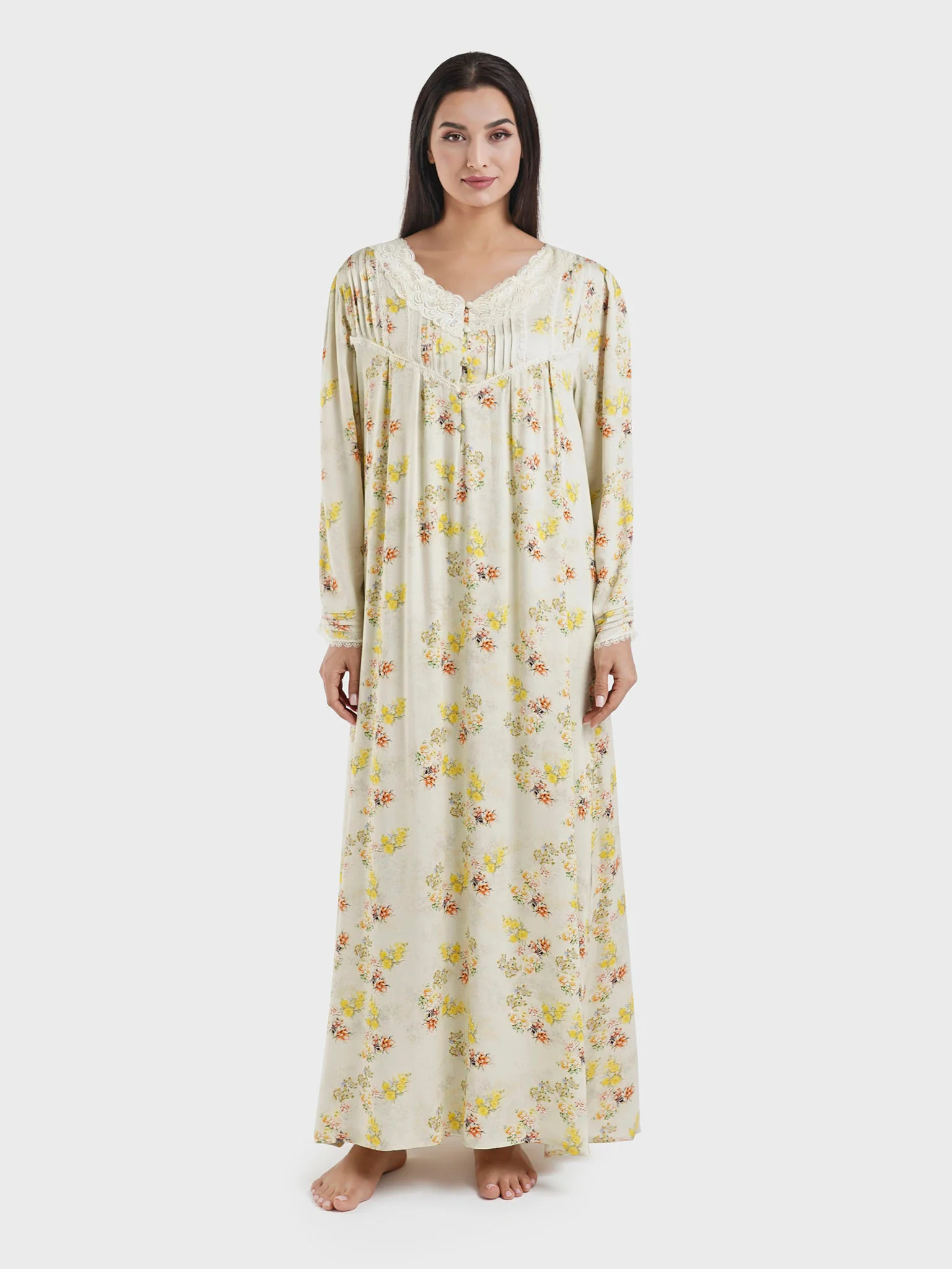 Light Yellow Floral Print Viscose Nightwear Dress (CNH442) - Image 2