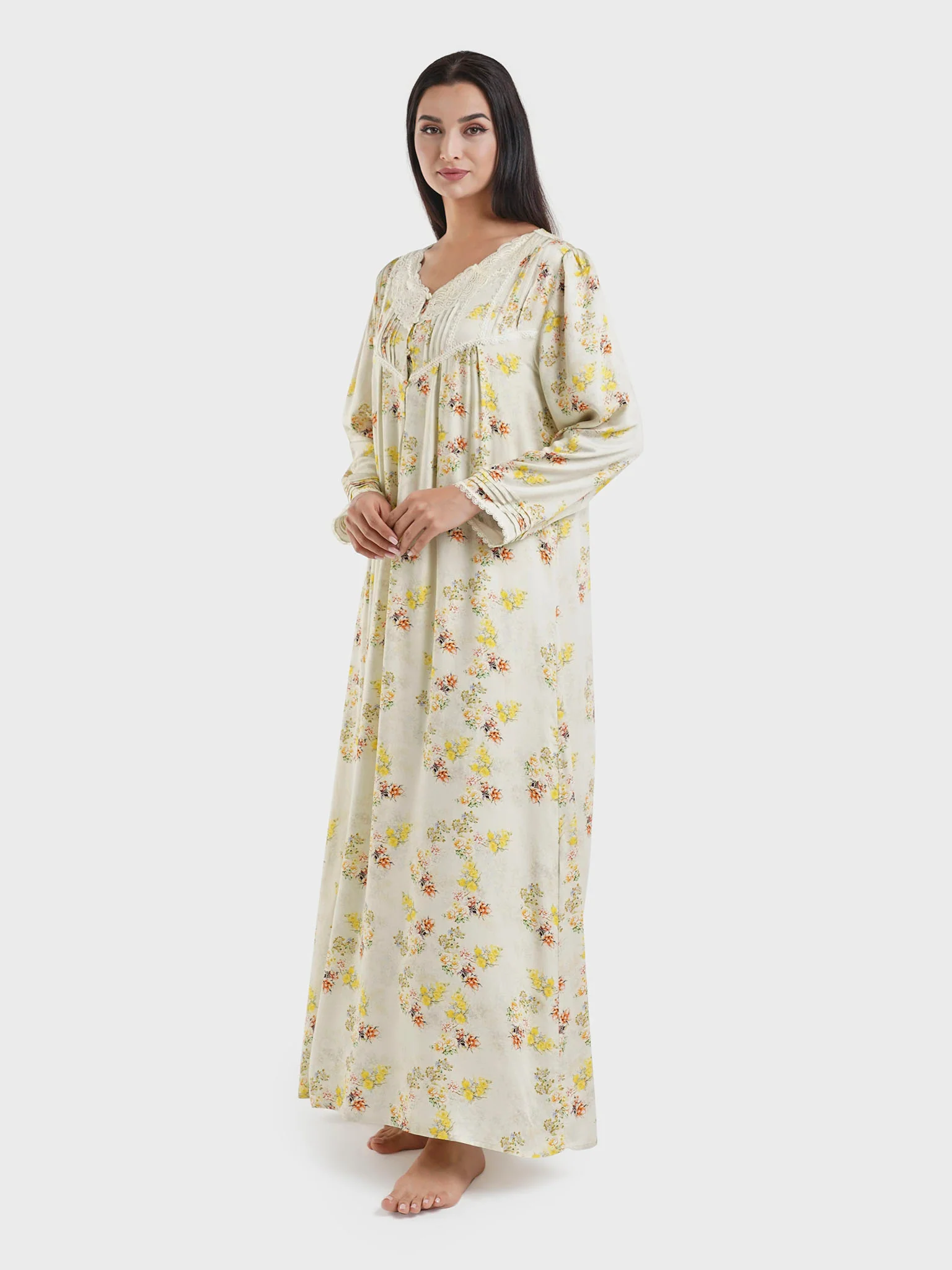 Light Yellow Floral Print Viscose Nightwear Dress (CNH442) - Image 3