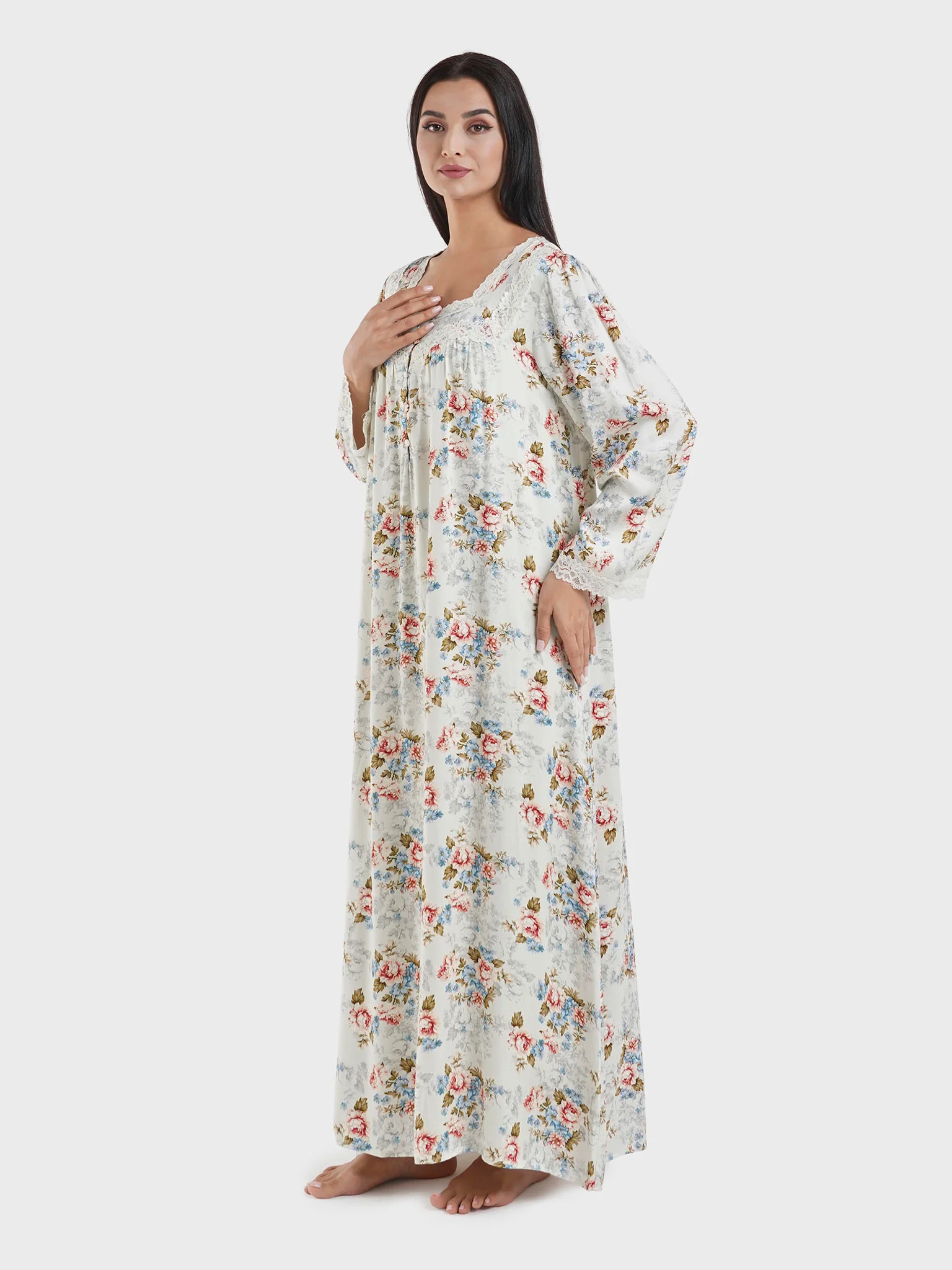 Pastel Blue Viscose Floral Print Nightwear Dress (CNH444) - Image 3