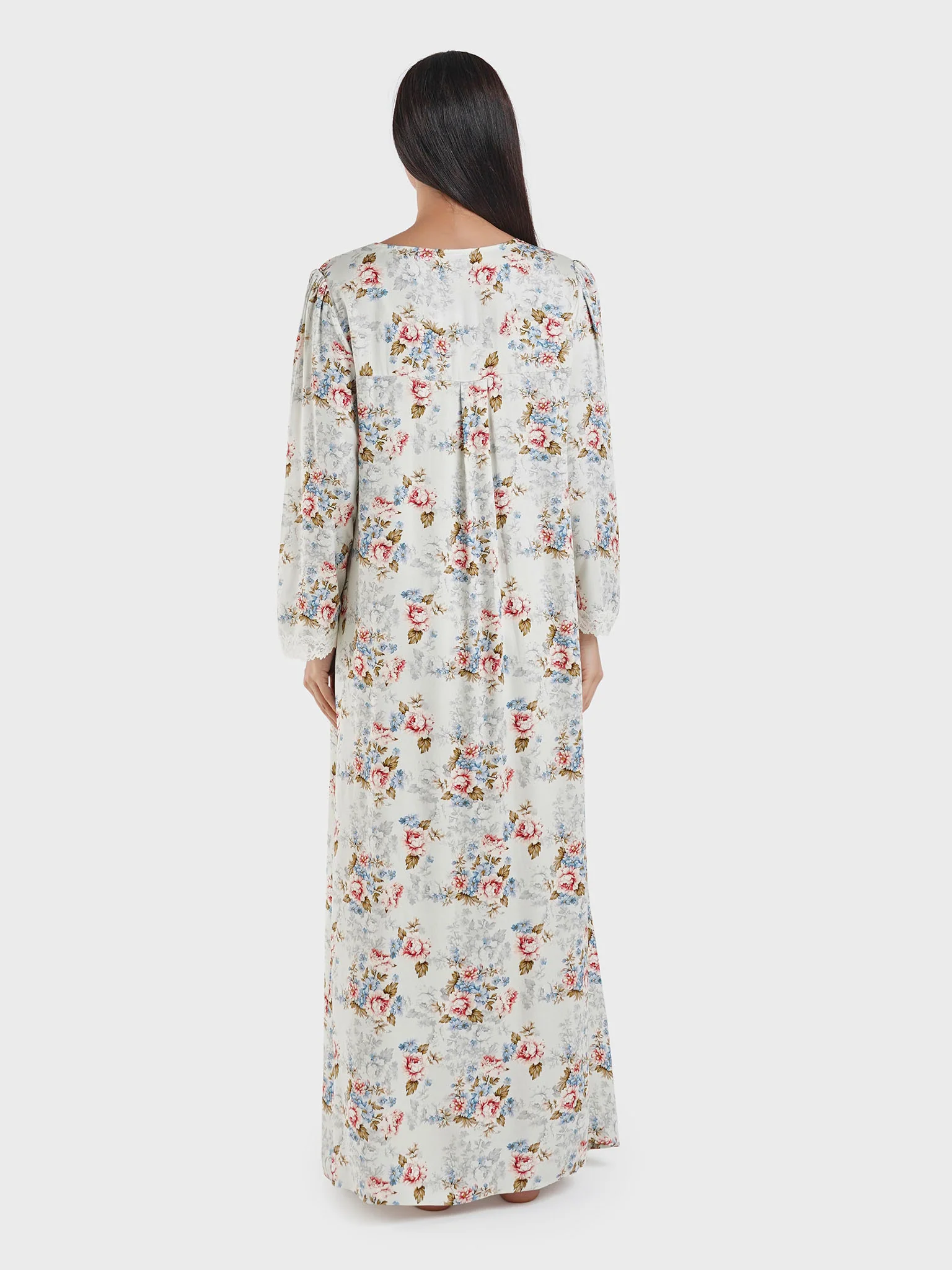 Pastel Blue Viscose Floral Print Nightwear Dress (CNH444) - Image 4
