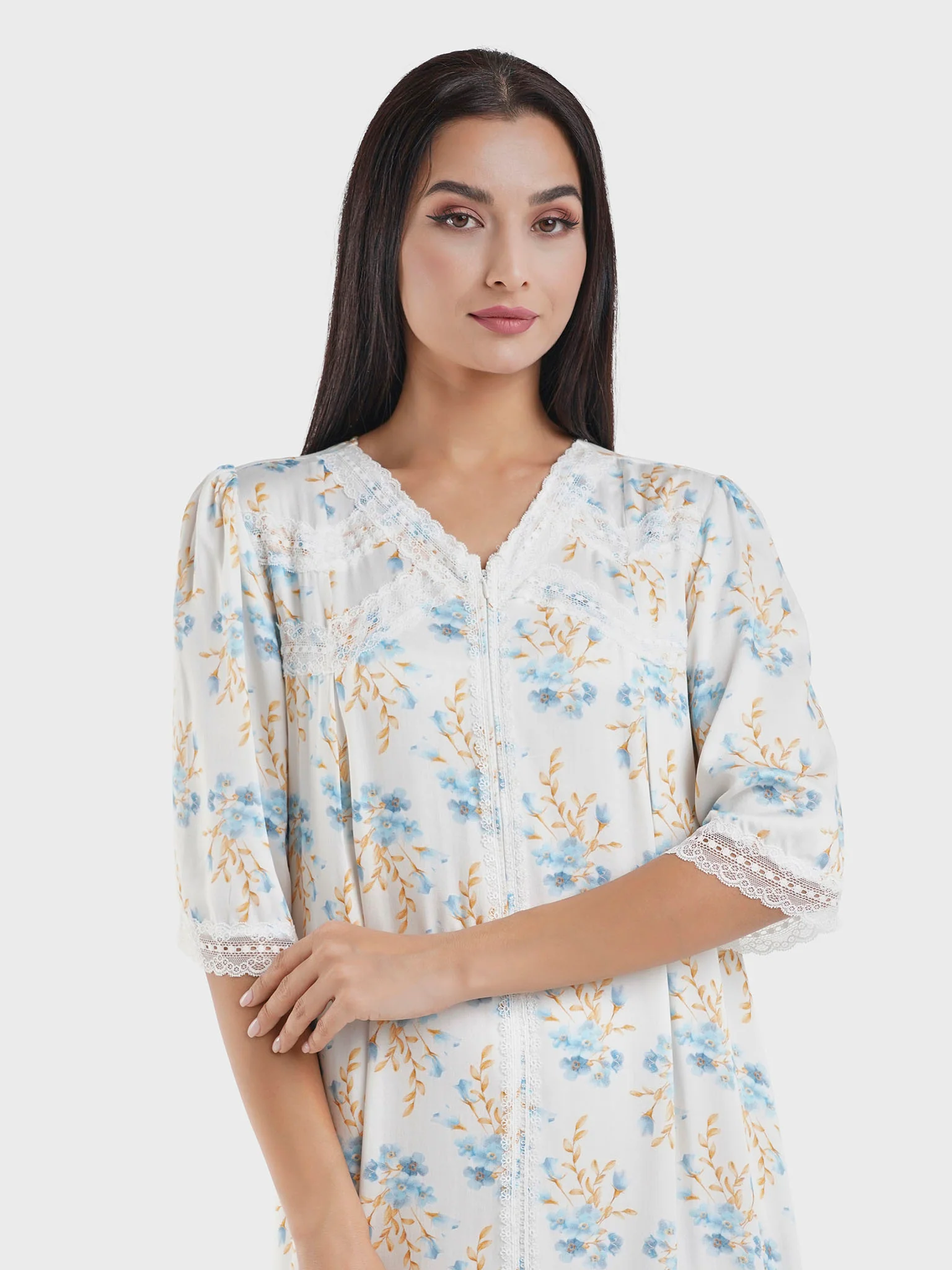 Powder Blue Floral Print Viscose Nightwear Dress (CNH445)