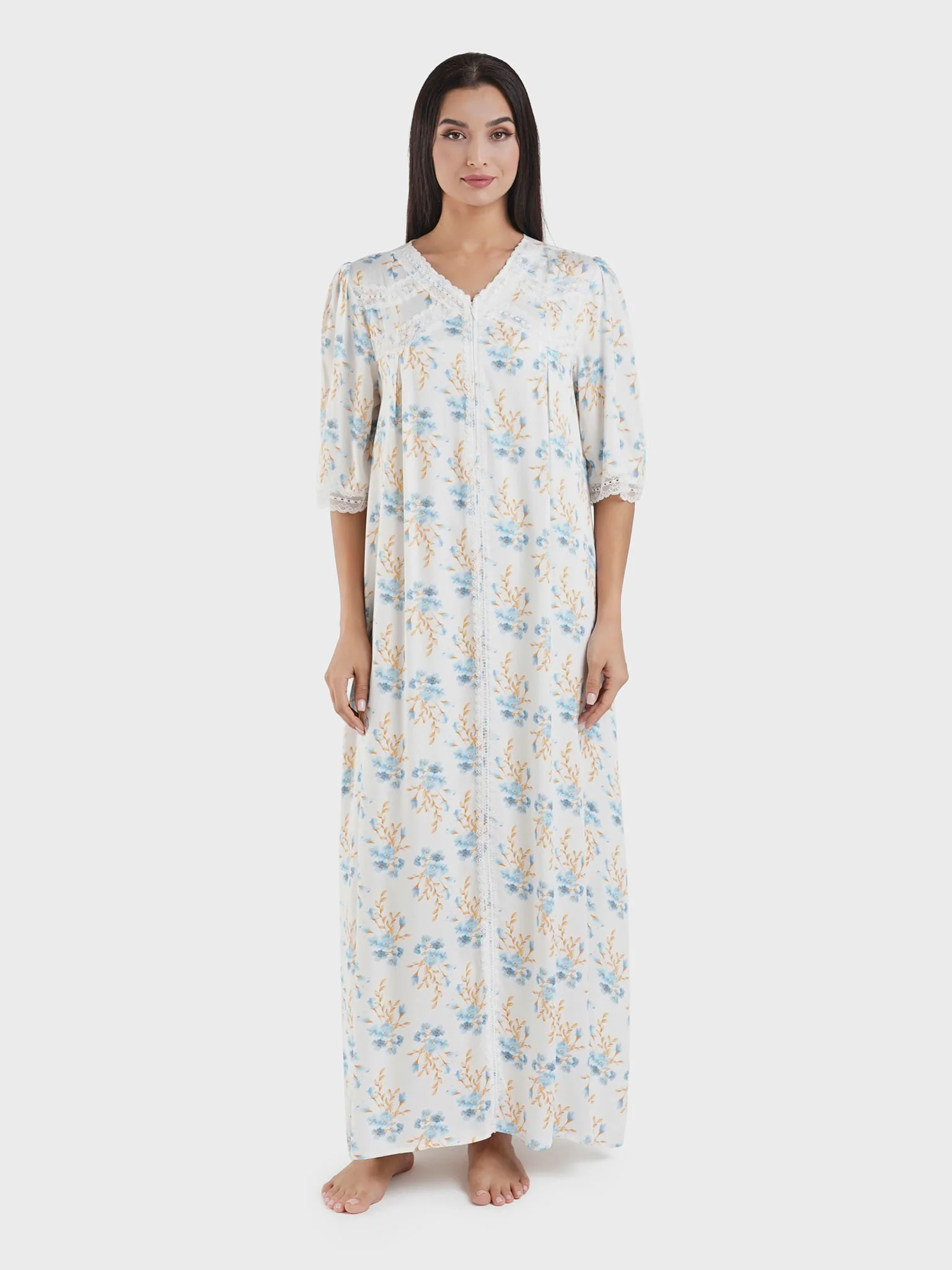 Powder Blue Floral Print Viscose Nightwear Dress (CNH445) - Image 2