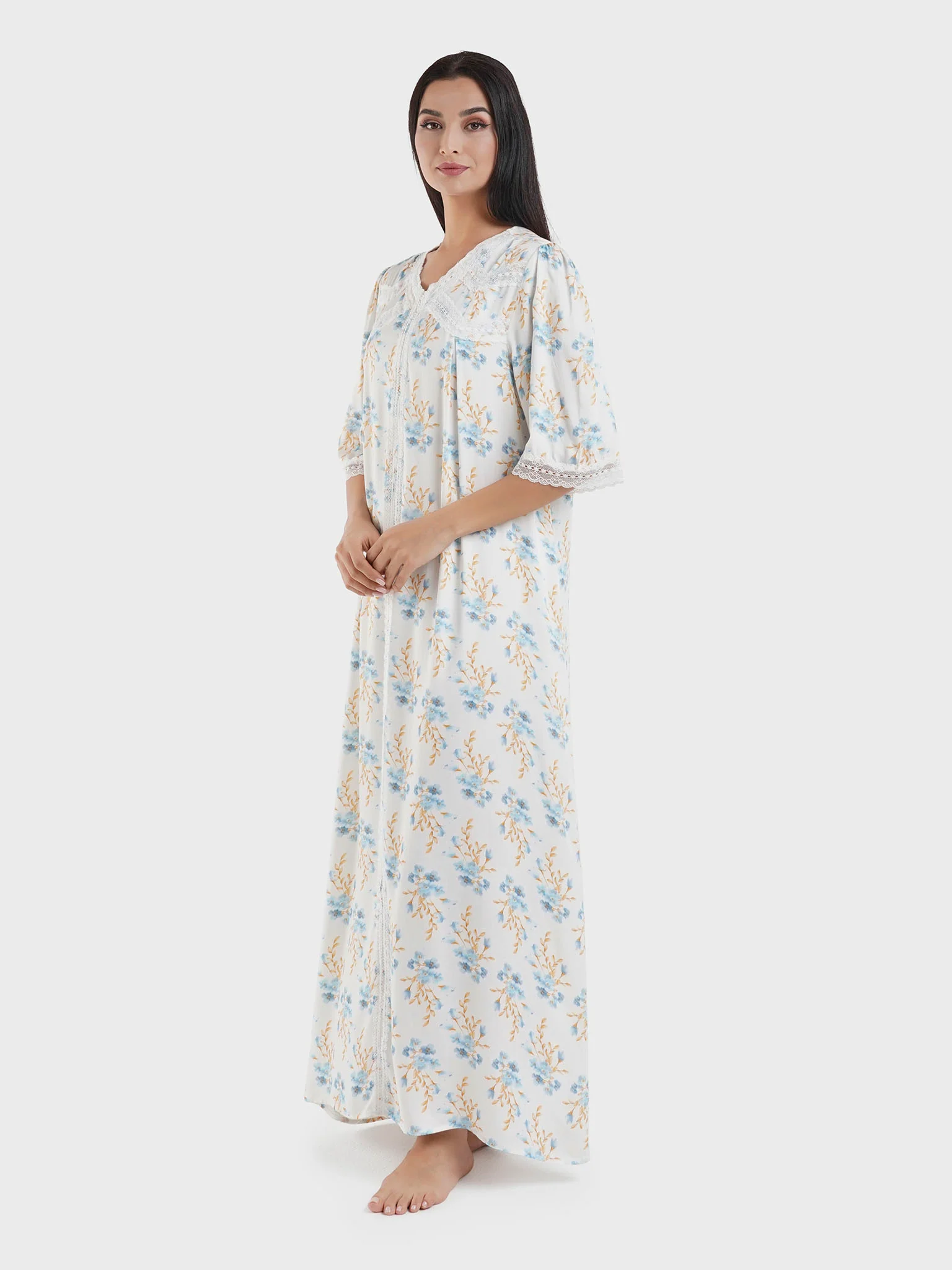 Powder Blue Floral Print Viscose Nightwear Dress (CNH445) - Image 3