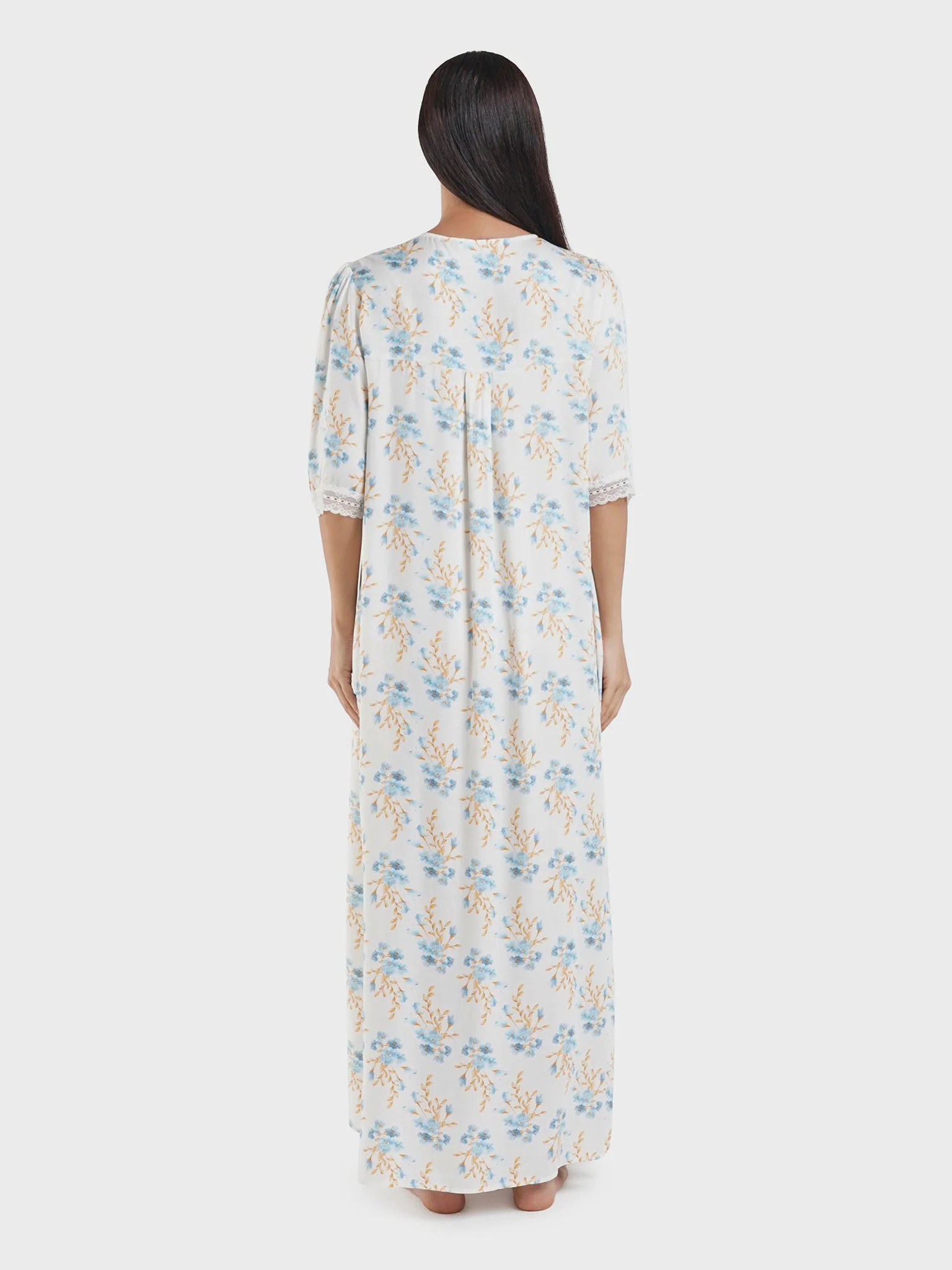 Powder Blue Floral Print Viscose Nightwear Dress (CNH445) - Image 4