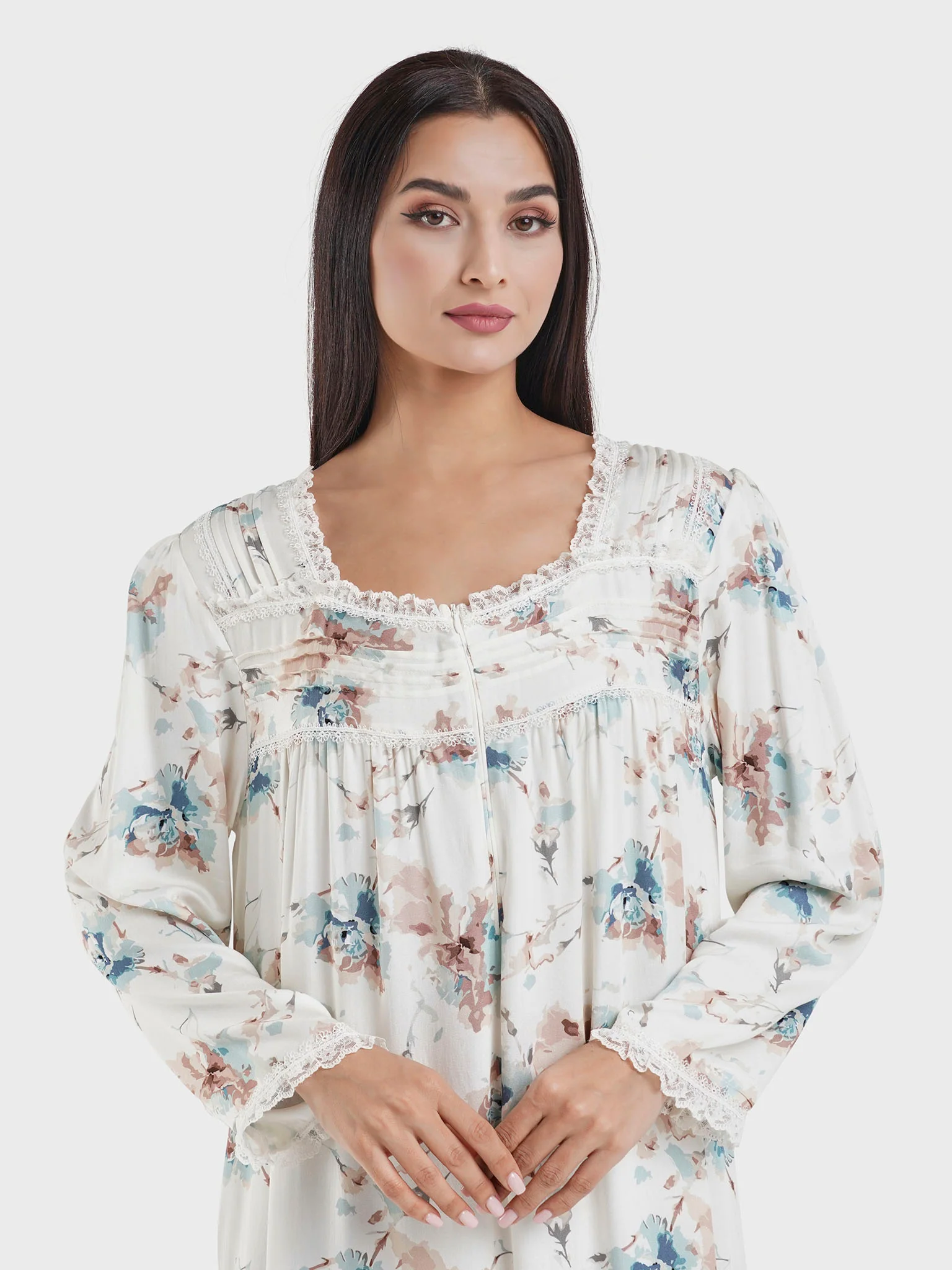 Off White Viscose Floral Printed Nightwear Dress (CNH446)