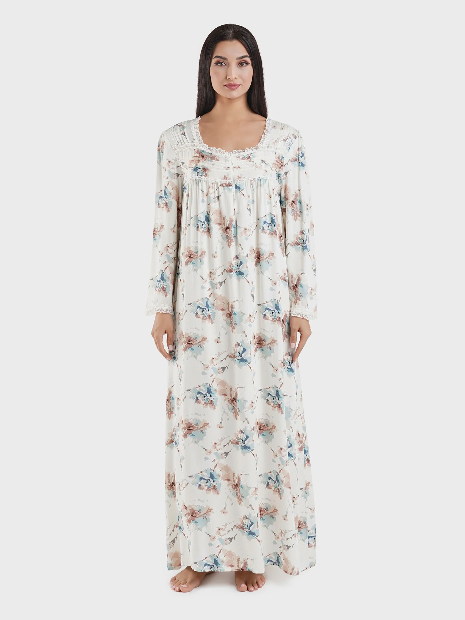 Off White Viscose Floral Printed Nightwear Dress (CNH446) - Image 2