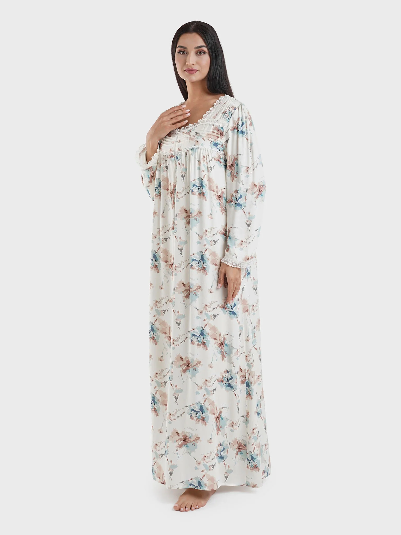 Off White Viscose Floral Printed Nightwear Dress (CNH446) - Image 3