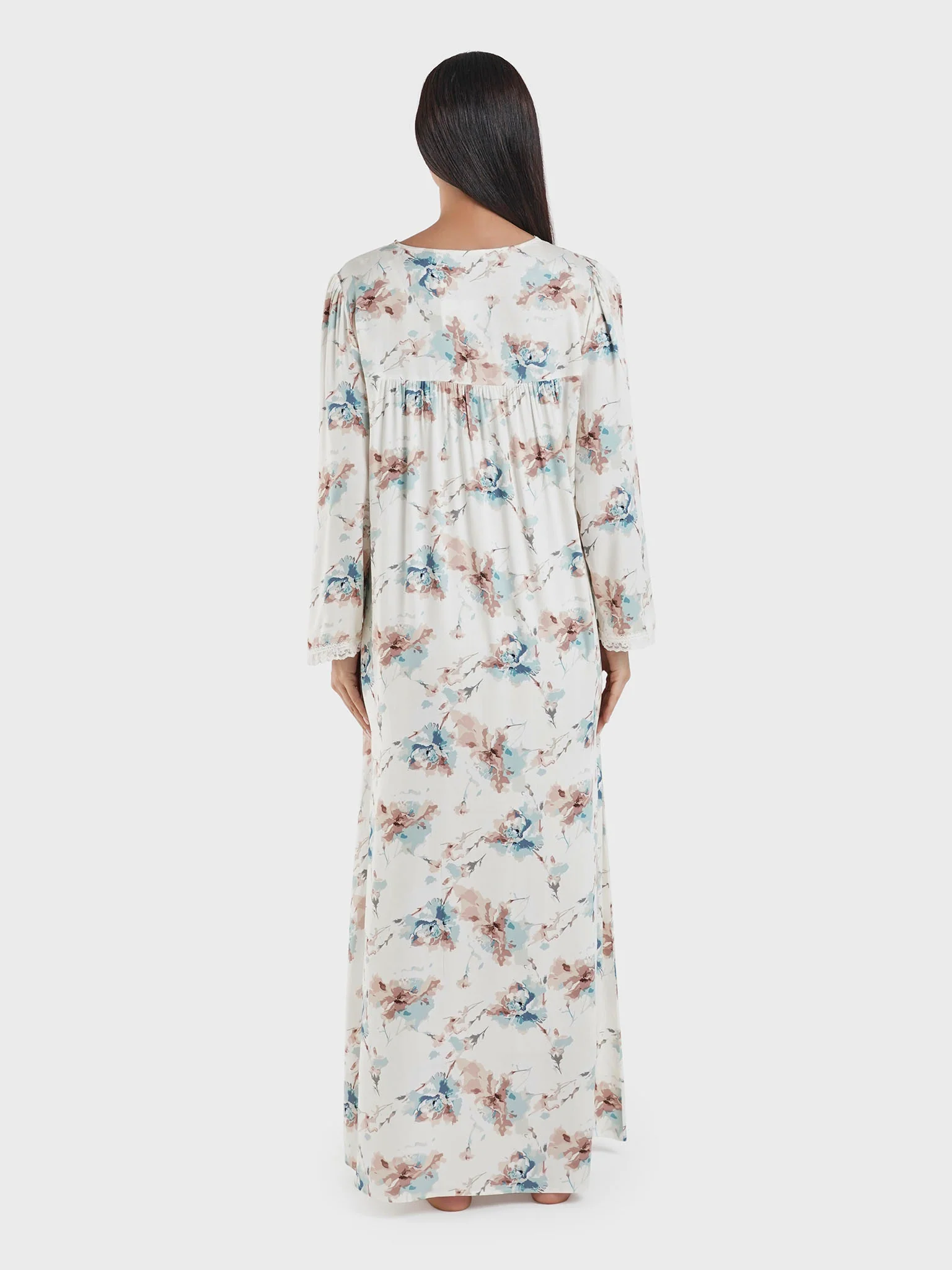 Off White Viscose Floral Printed Nightwear Dress (CNH446) - Image 4