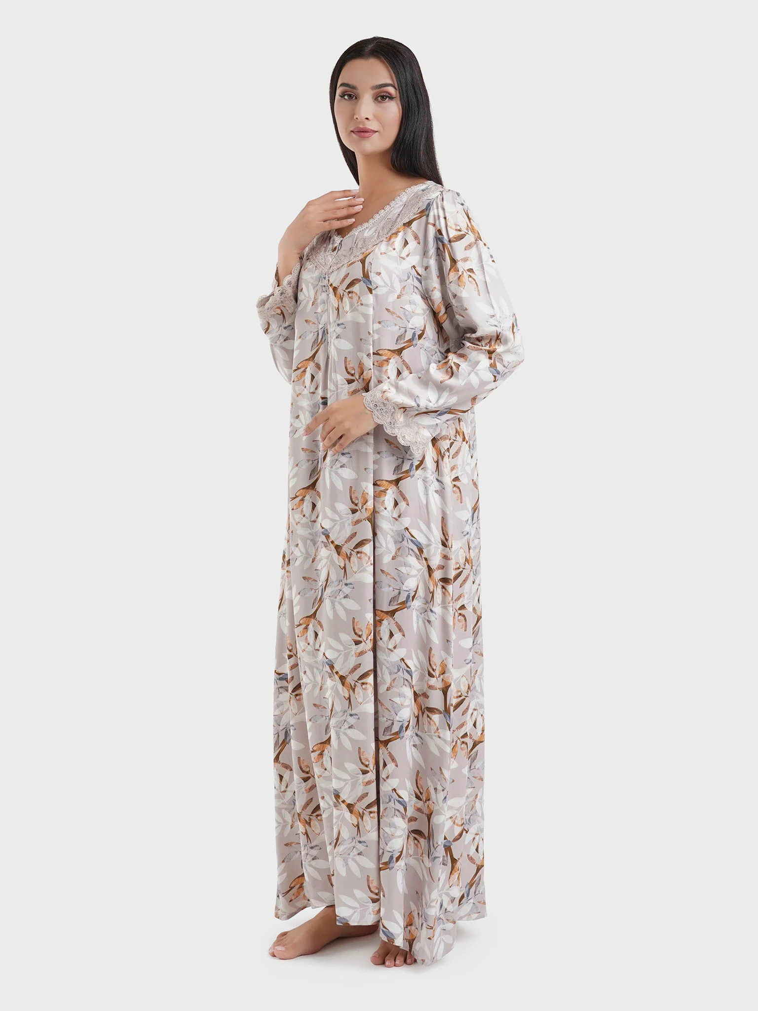 Mocha Digital Leaves Print Nightwear with Lace Work (CNH447) - Image 3