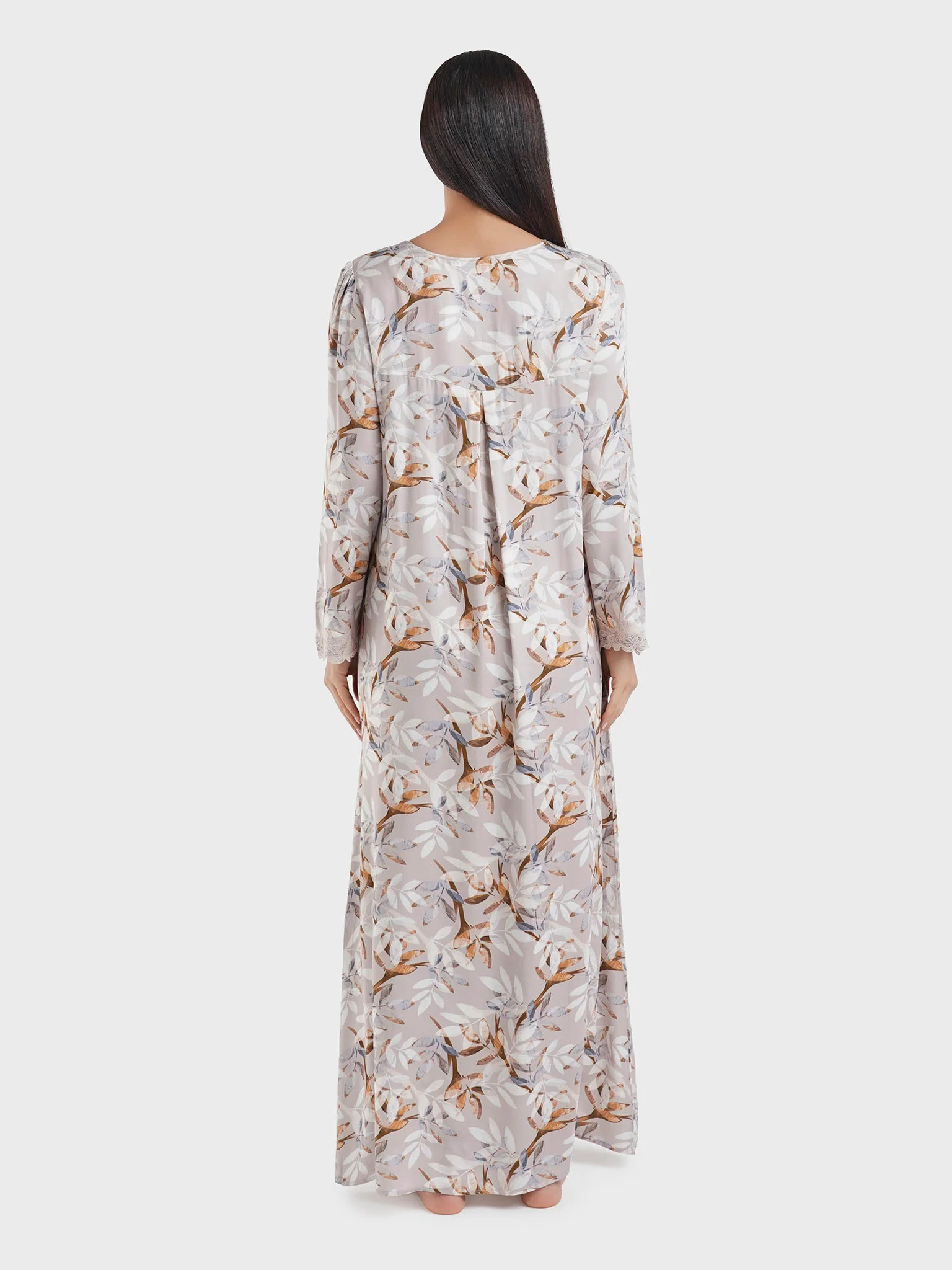 Mocha Digital Leaves Print Nightwear with Lace Work (CNH447) - Image 4