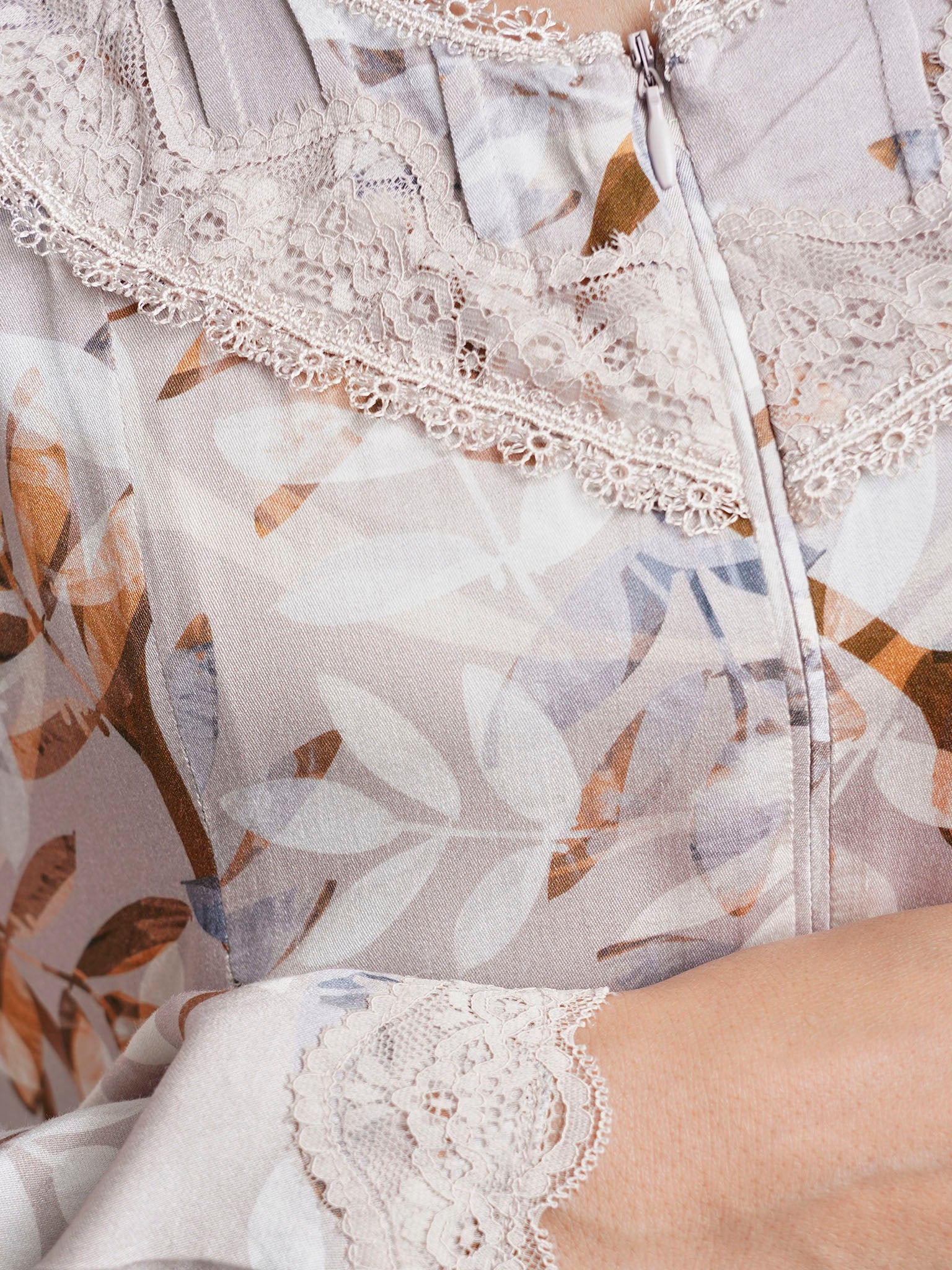Mocha Digital Leaves Print Nightwear with Lace Work (CNH447) - Image 5